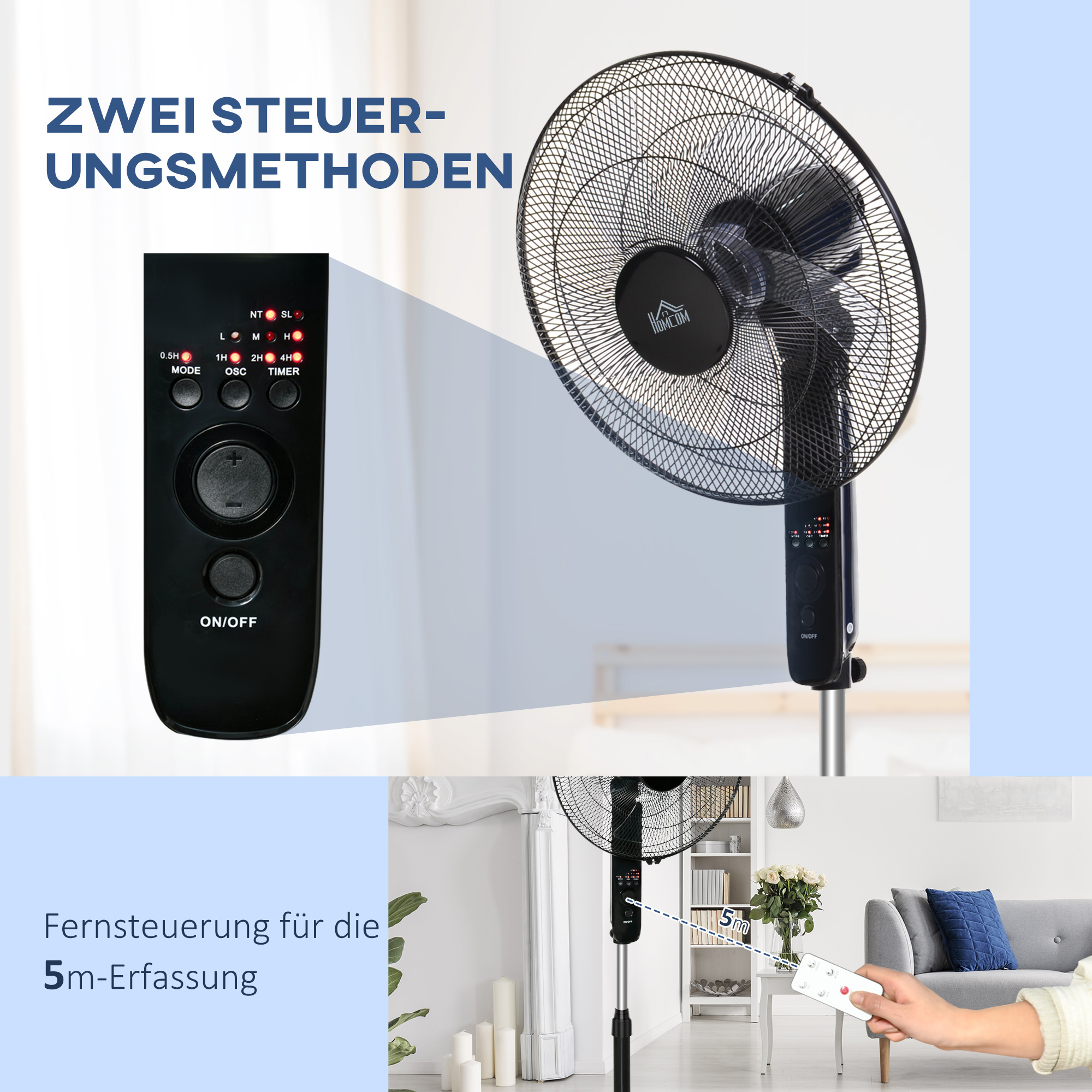 Standventilator mit Fernbedienung, Ventilator, Höhenverstellbarer Lüfter, 3 Geschwindigkeitsstufen, Verstellbarer Neigungswinkel, Metall, Schwarz, Ø44,5 x H110-124 cm