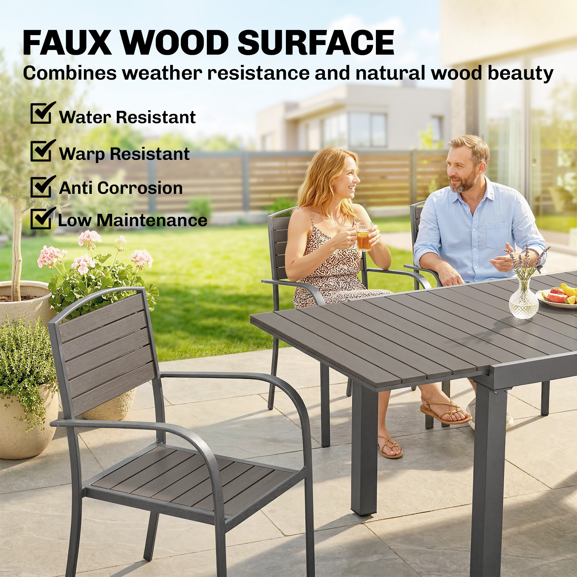 Gartenmöbel Set Sitzgruppe 7-teilig Ausziehbar Tisch mit 6 Stühlen Holzoptik Lamelldesign Aluminiumrahmen