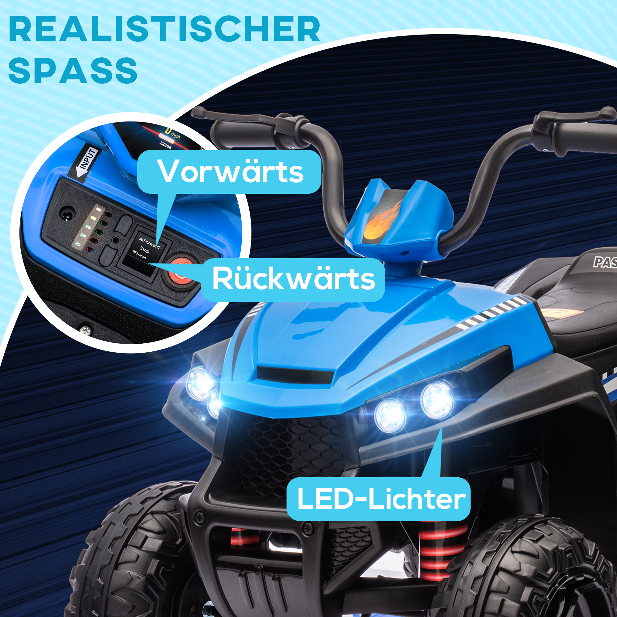 Elektro-Kinderquad, Licht & Musik, Federung, 5 km/h, 50 Min. Fahrzeit, für 3-5 Jahre, Blau