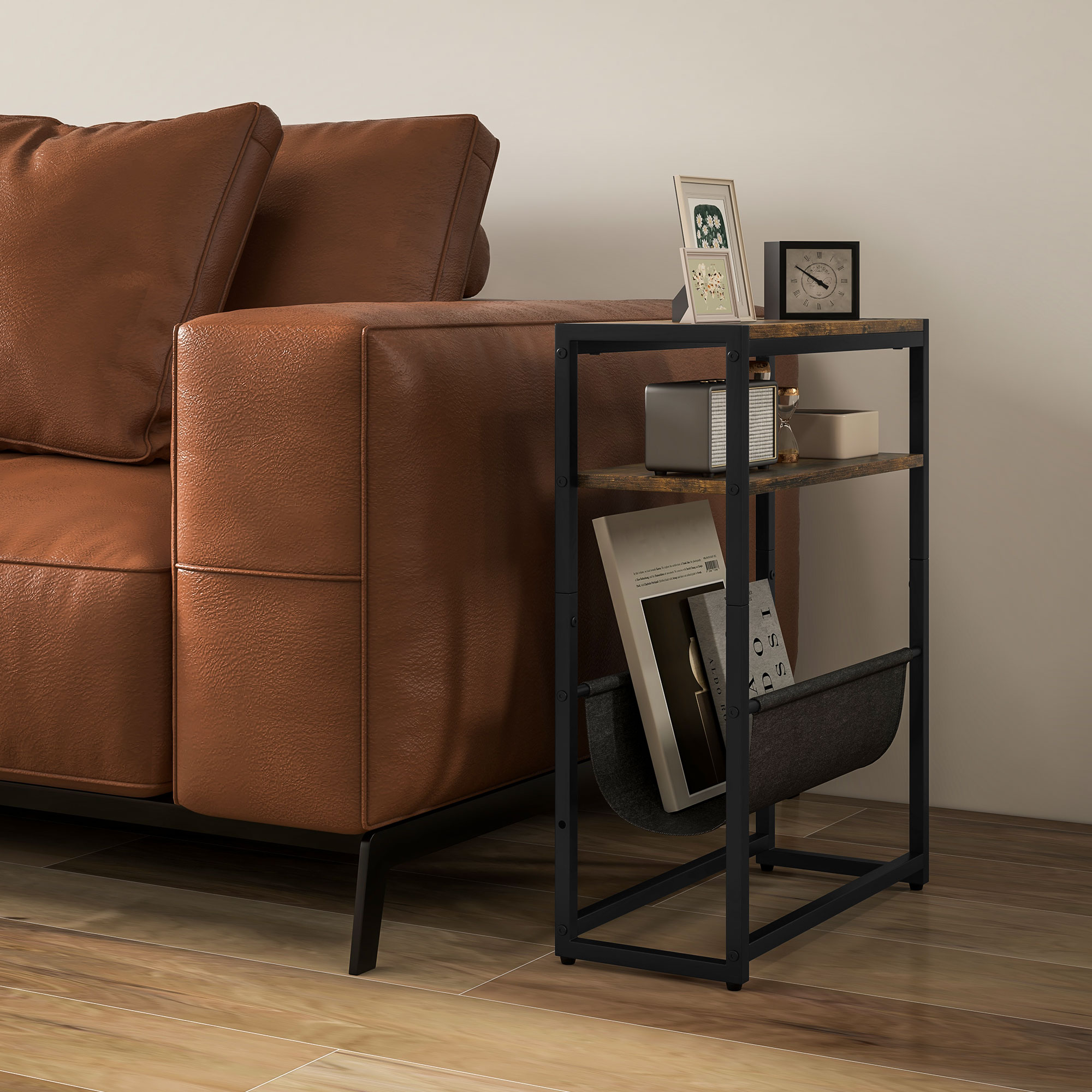 Beistelltisch, Couchtisch mit 3-stufiger Ablage, V-förmigem Magazinhalter 43 x 18 x 56 cm, Rustikal Braun
