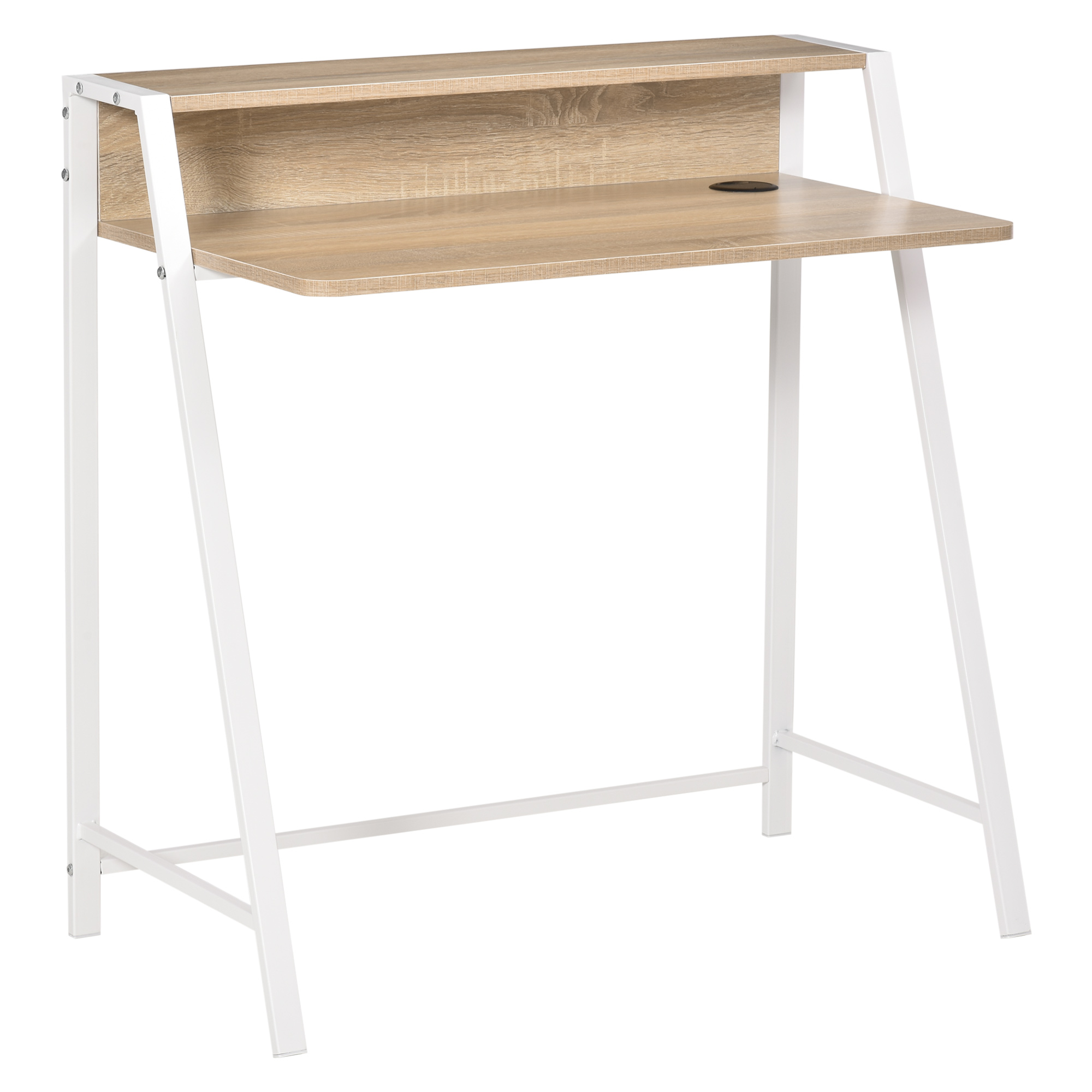Schreibtisch, Computertisch mit Ablage und Kabel Management, moderner Schreibtisch mit Metallgestell für Arbeitszimmer, Schlafzimmer, Home Office, 84 x 45 x 85 cm, Weiß+Eiche