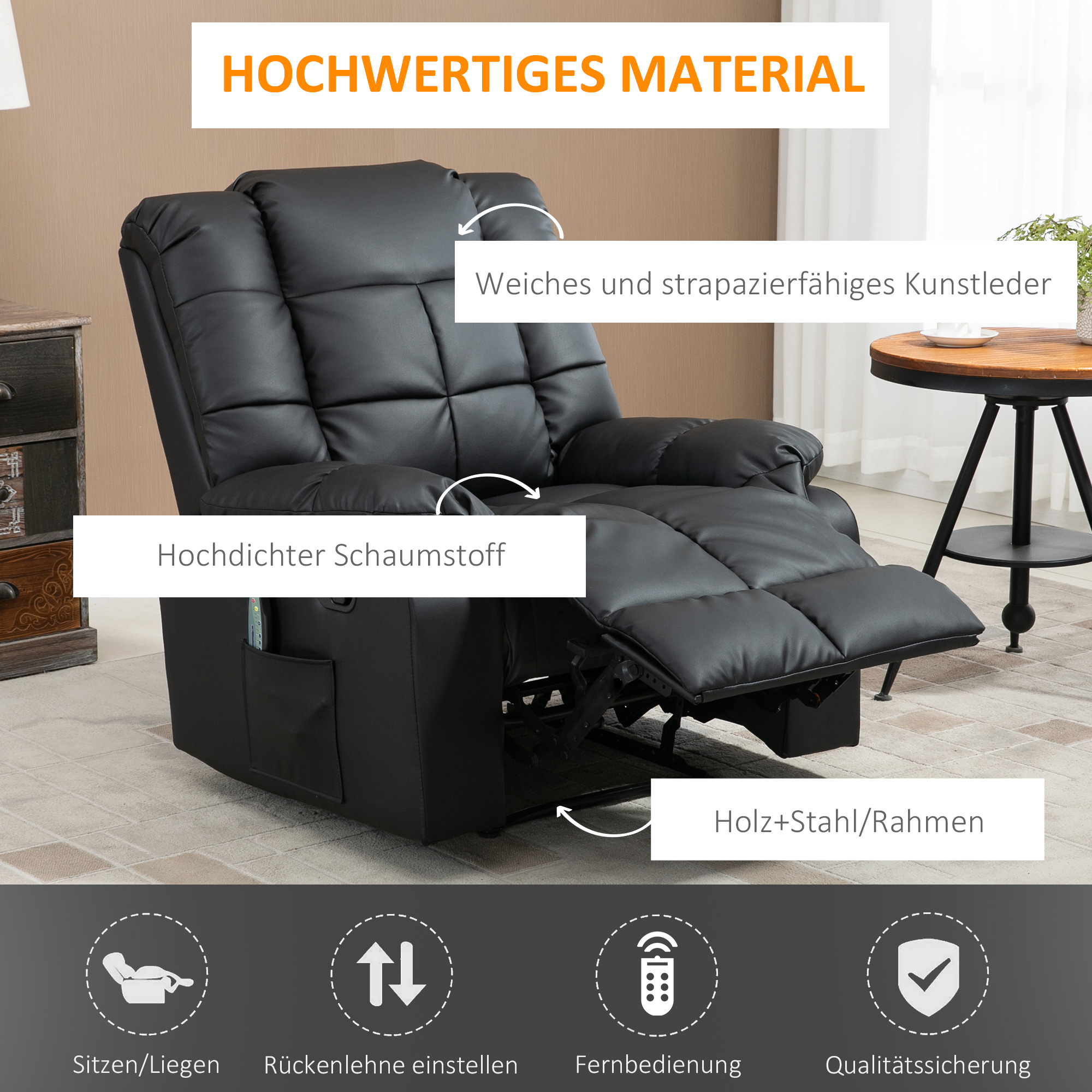Massagesessel, Relaxsessel, 8 Vibrationspunkte, Liegefunktion, Kunstleder, schwarz, 94x99x99cm