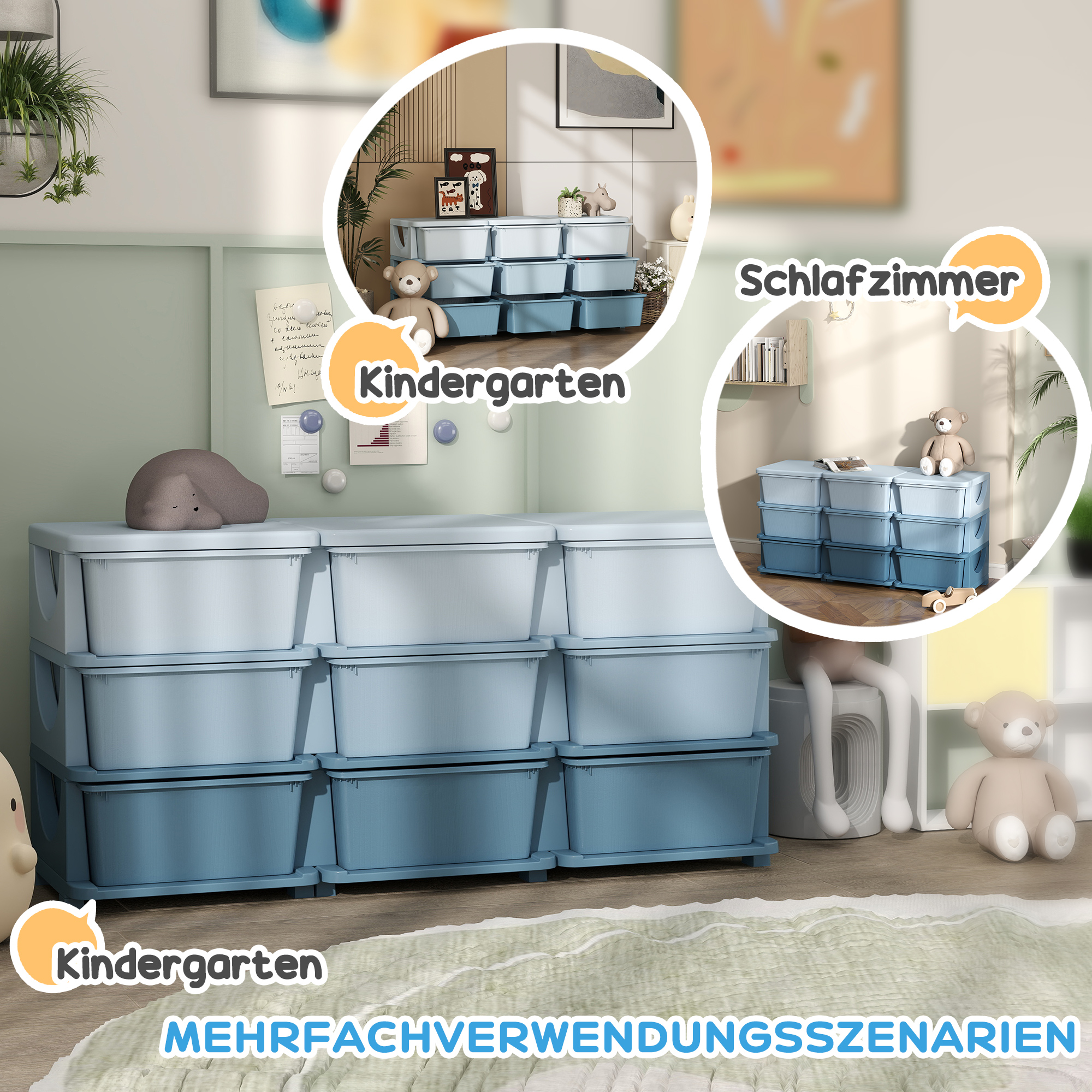 Aufbewahrungsbox für Kinder, Kinder-Aufbewahrungsbox, 9 Schubladen, Blau