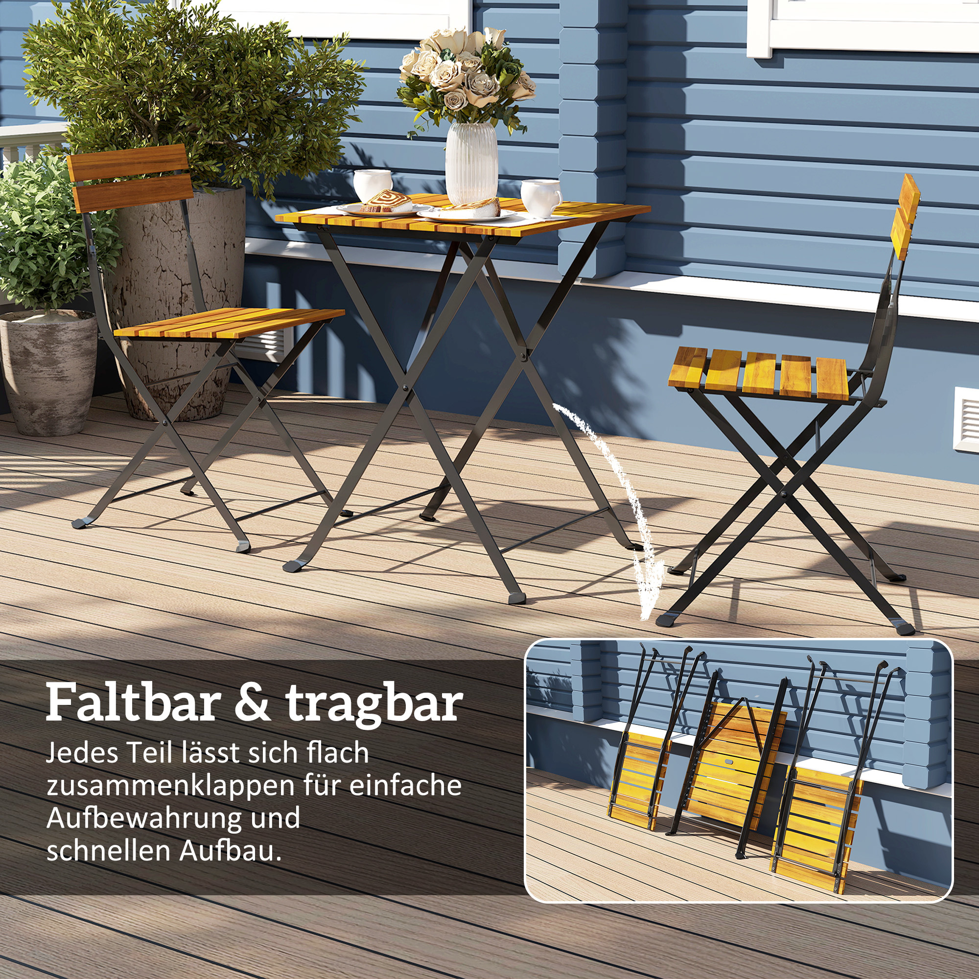 Sitzgruppe 3 tlg. Essgruppe für 2 Personen klappbarer Esstisch mit 2 klappbare Stühle für Terrasse Balkon Teak