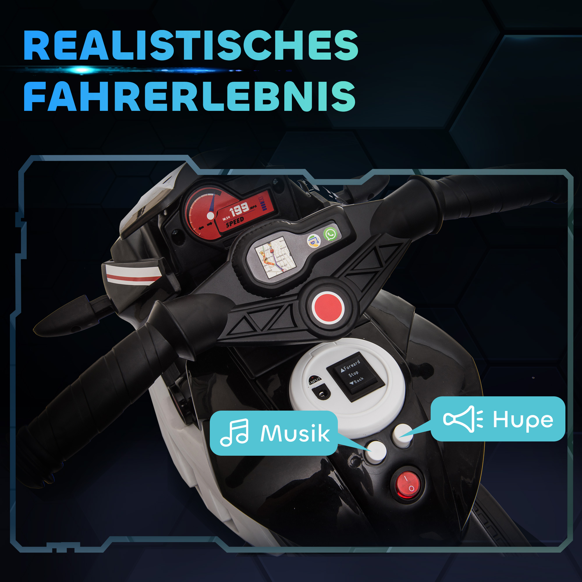 Elektro-Kindermotorrad, Lichter & Geräusche, 3 km/h, wiederaufladbar, Kunststoff & Metall, Schwarz/Weiß