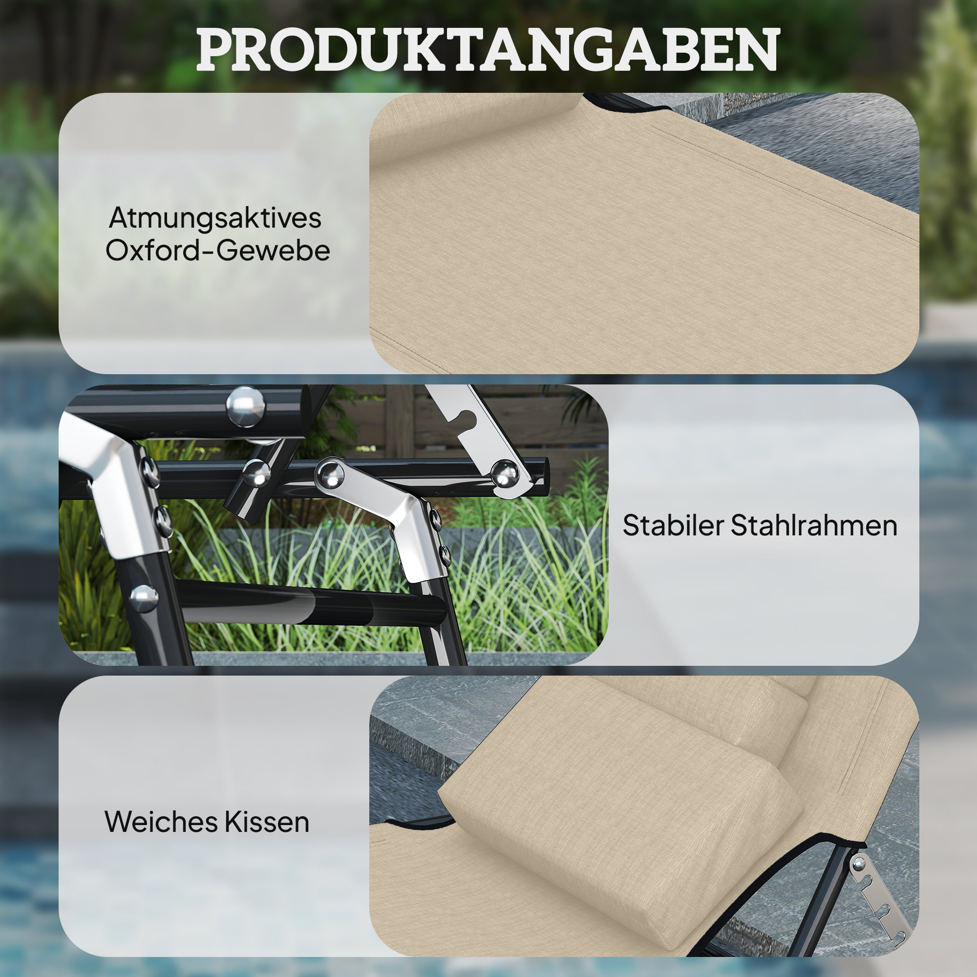Sonnenliege mit Gesichtsloch & Kissen, klappbar, wasserabweisender Bezug, Metallrahmen, Beige