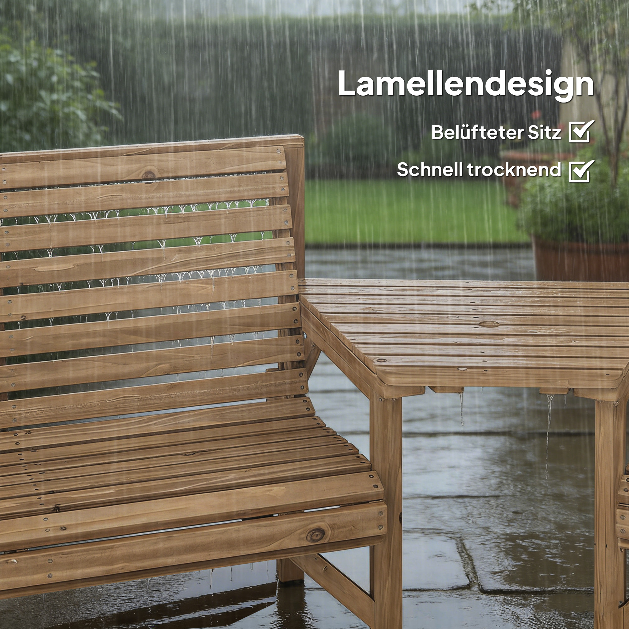 Gartenstühle 3er-Set, Balkonmöbel Set mit Sonnenschirmloch, Gartenstuhl, Bank, abnehmbarem Tisch 121x65x90 cm Naturholz