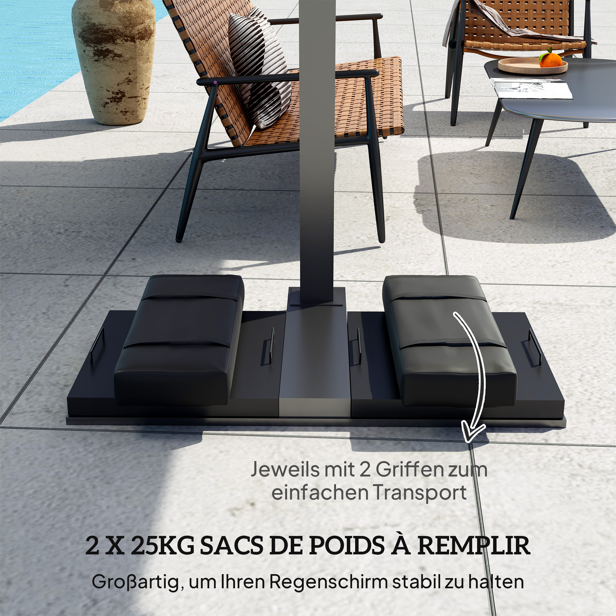 2er Set Sandsäcke für Sonnenschirm auffüllbare bis 25 kg Sandsack für Schirmständer 600D Oxford Schwarz