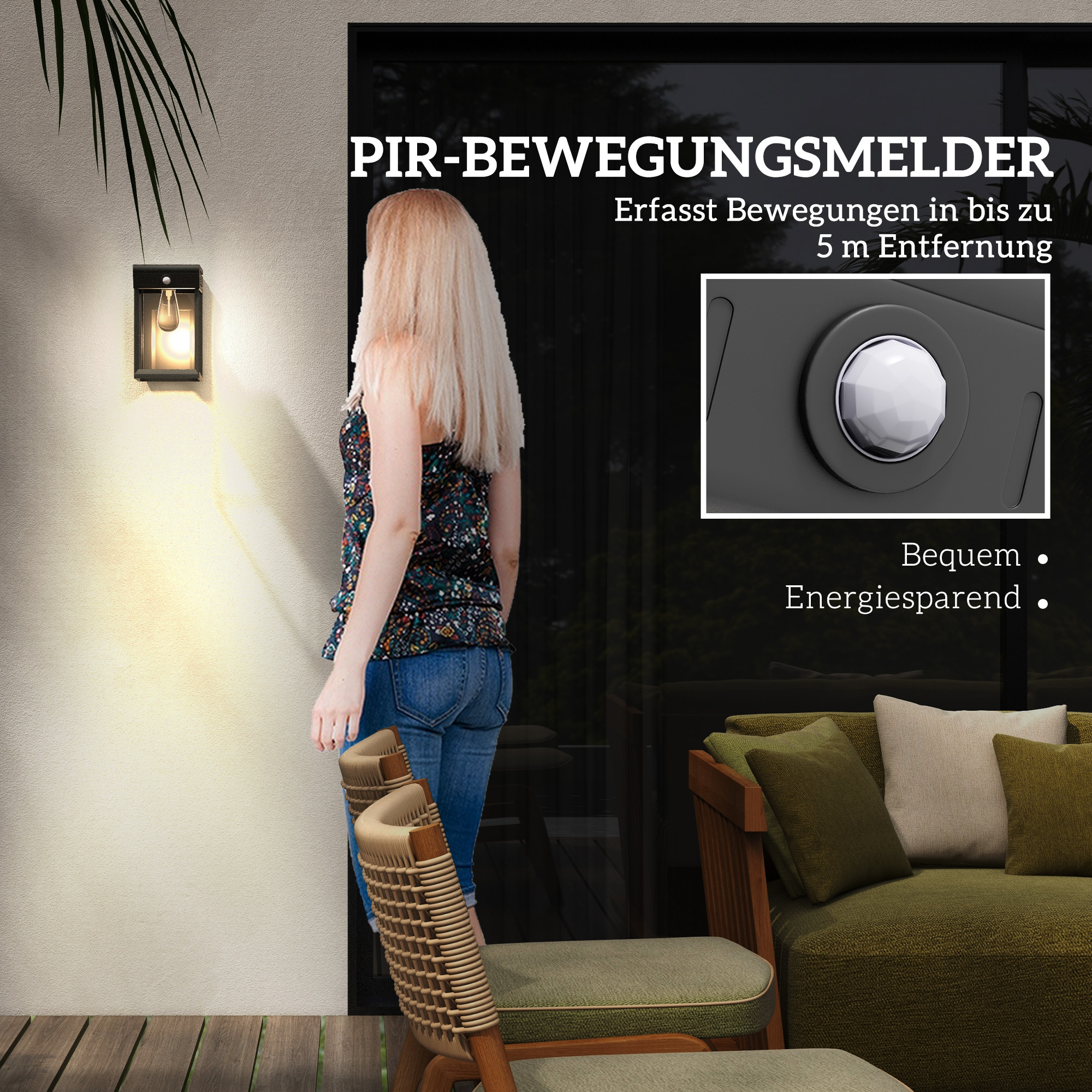 Garten-Solarlicht Außenleuchte Solarlampe, wetterbeständig, Bewegungssensor, 14 cm x 24 cm x 24 cm, Schwarz