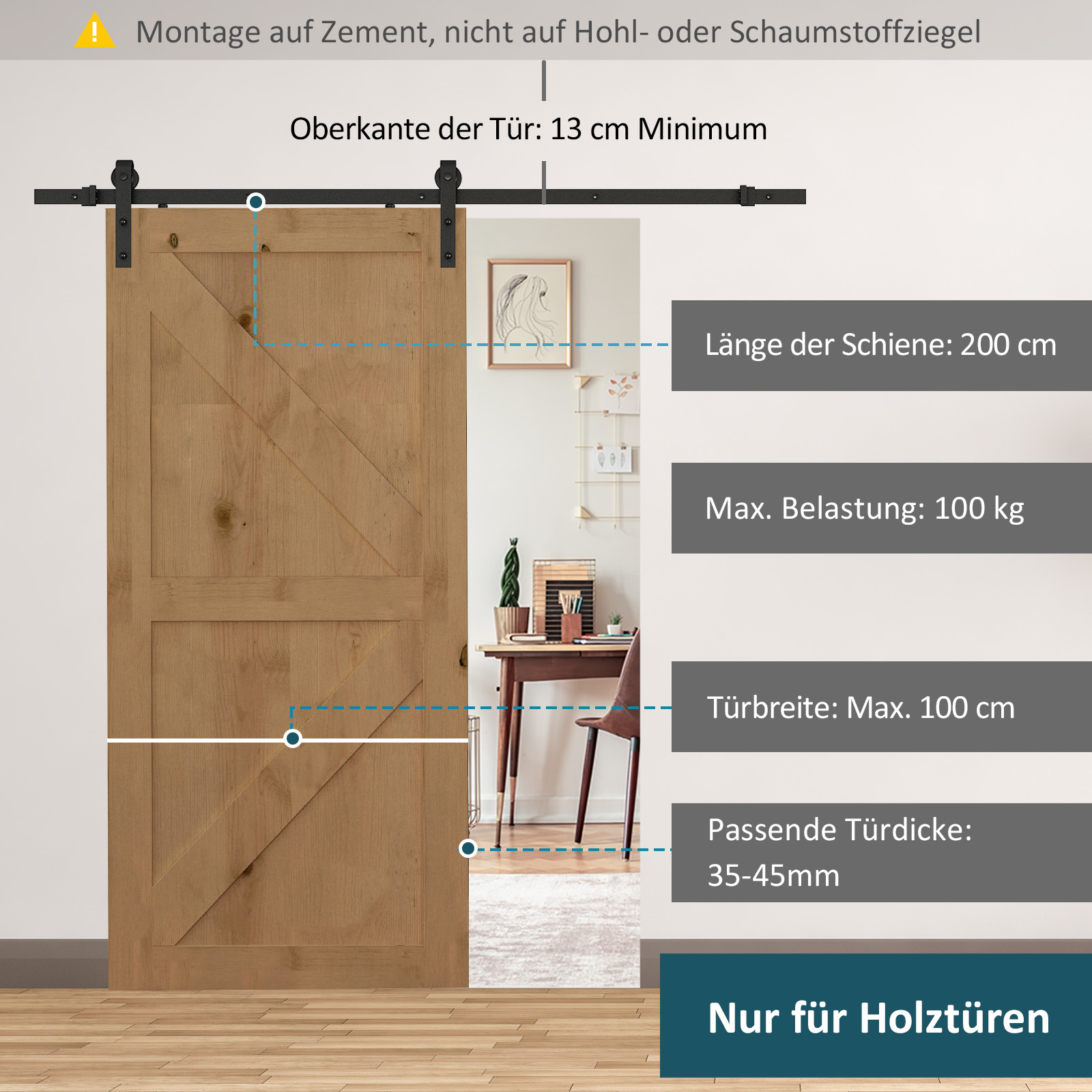 Gleitschienen-Bausatz für Schiebetüren, max, 100 kg Belastbarkeit, Metall, Schwarz, 2 m, Schwarz