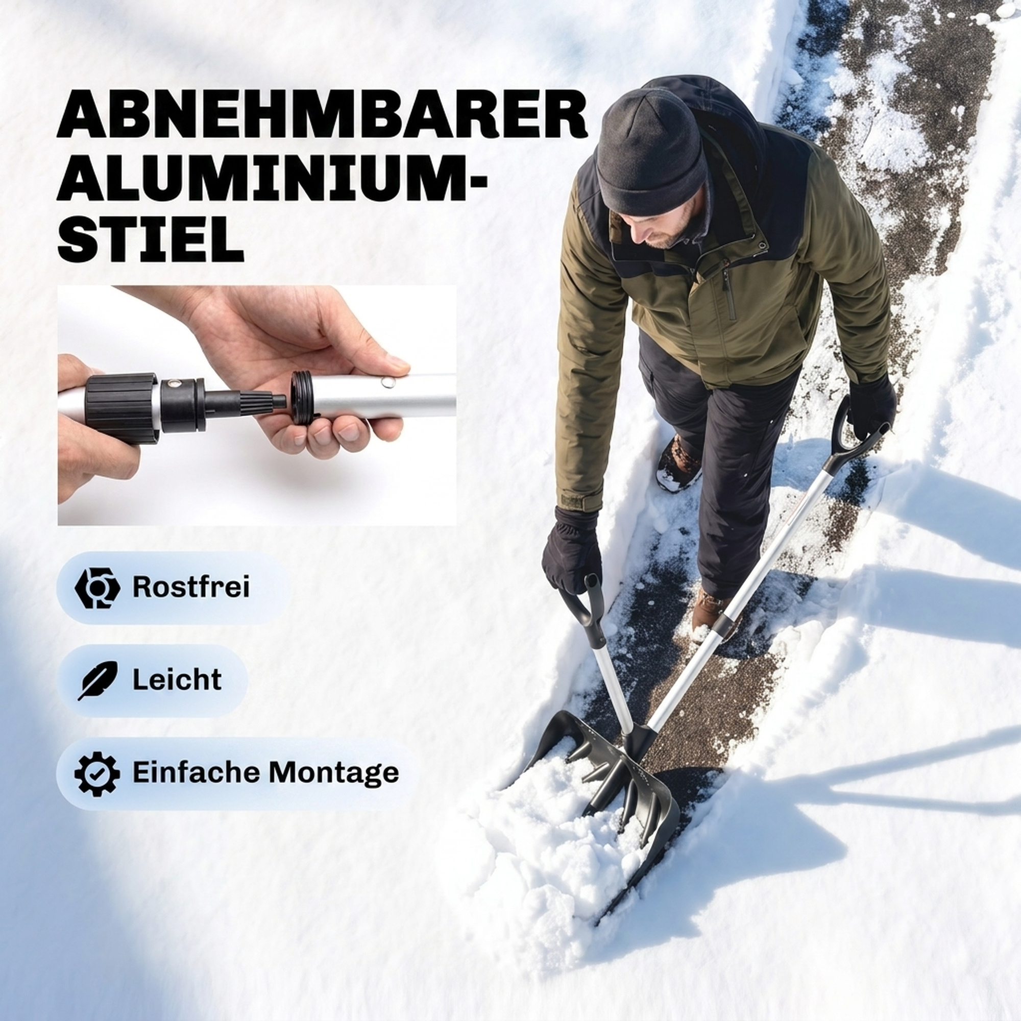 Schneeschieber 45 cm breit Kusnstoff Schneeschaufel mit Ergonomischer Zusatzgriff, Schneeräumer mit Alustiel Metallkante
