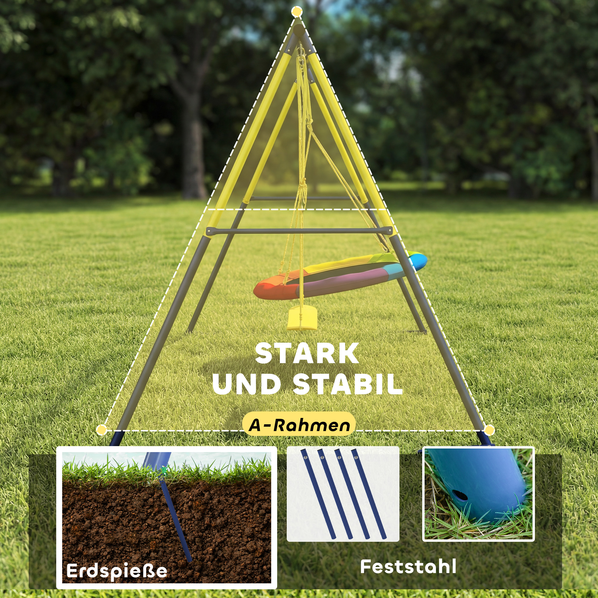 Schaukelgestell Schaukel-Set mit Nestschaukel Gurtschaukel verstellbarem Seil für 3-8 Jahre 265x160x178 cm Mehrfarbig
