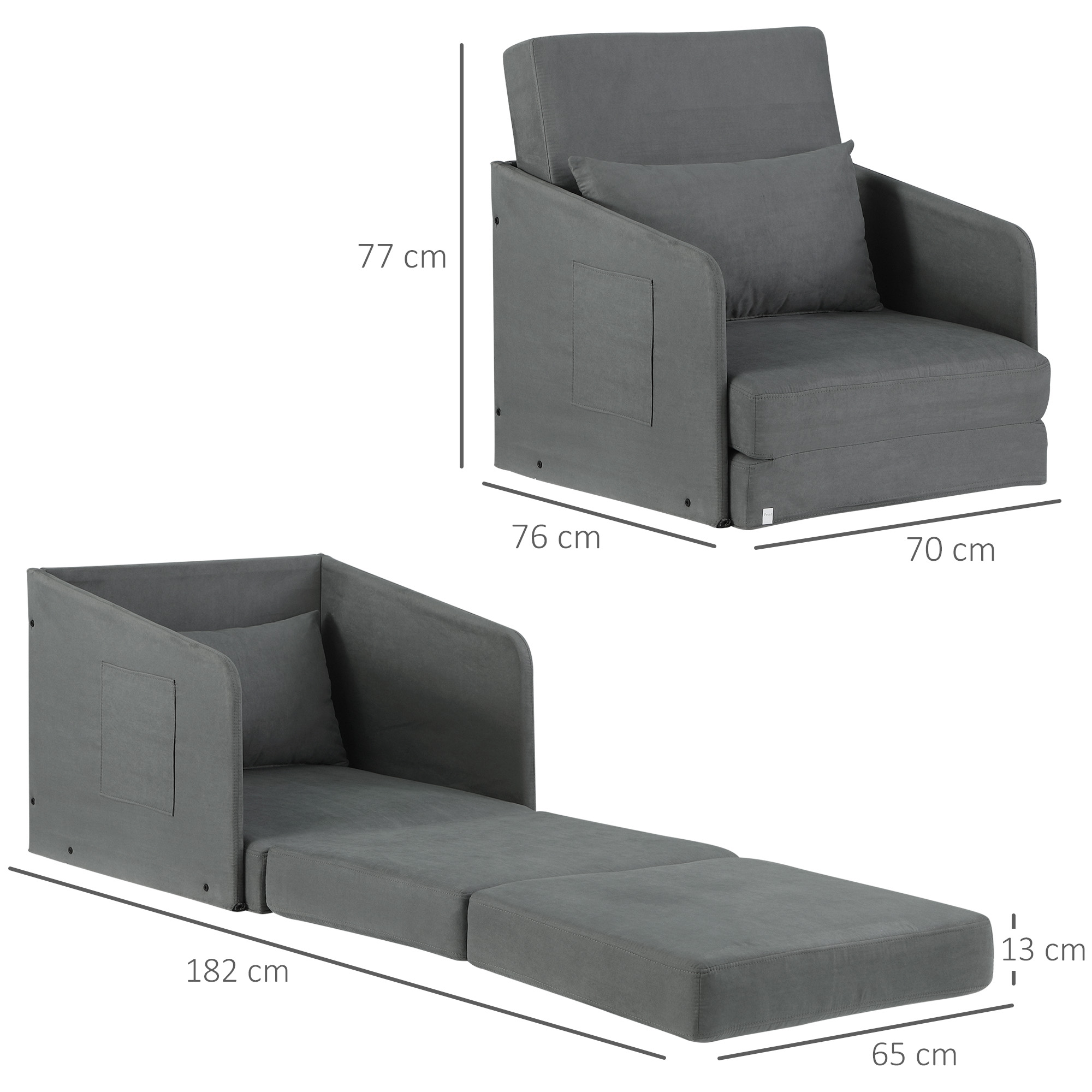 Schlafsofa Sofabett Einzelsofa Waschbarer Bezug 2 Seitentaschen Kissen Metall Grau 70 x 76 x 77 cm