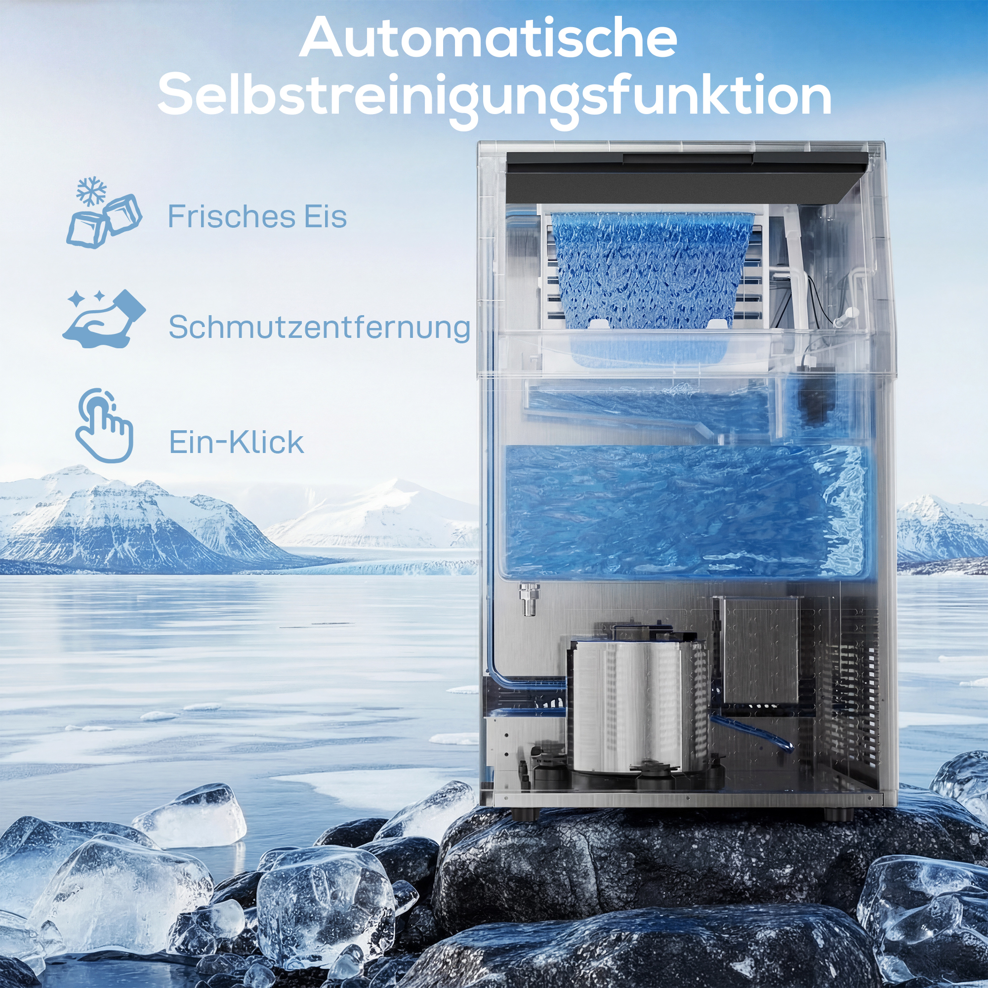 Eismaschine, 45 kg/24 Std., Edelstahl, Unterbau oder freistehend, Silber