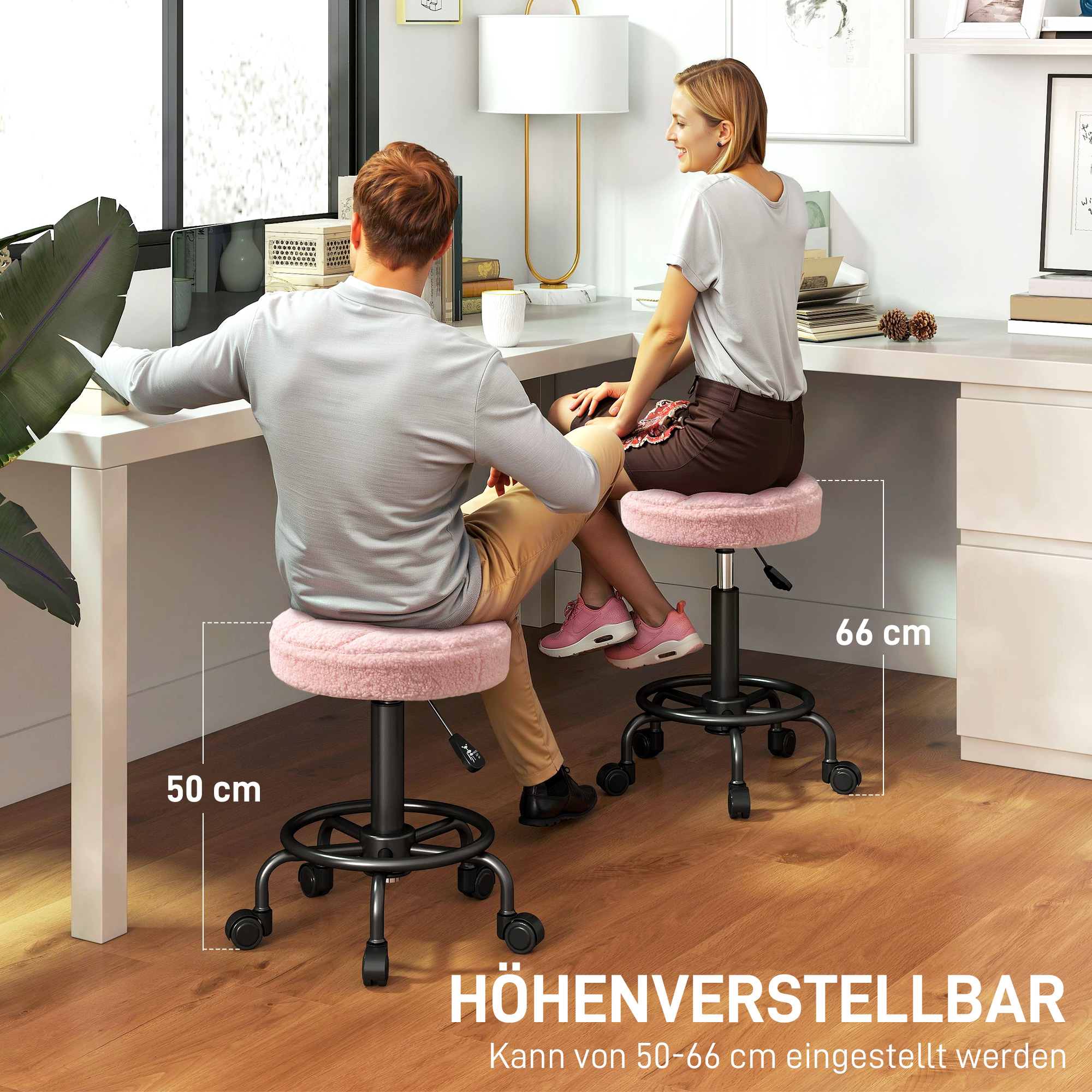 Rollhocker höhenverstellbar Drehhocker 55-66 cm Arbeitshocker 360° drehbar Ø50 x 50-66 cm Rosa