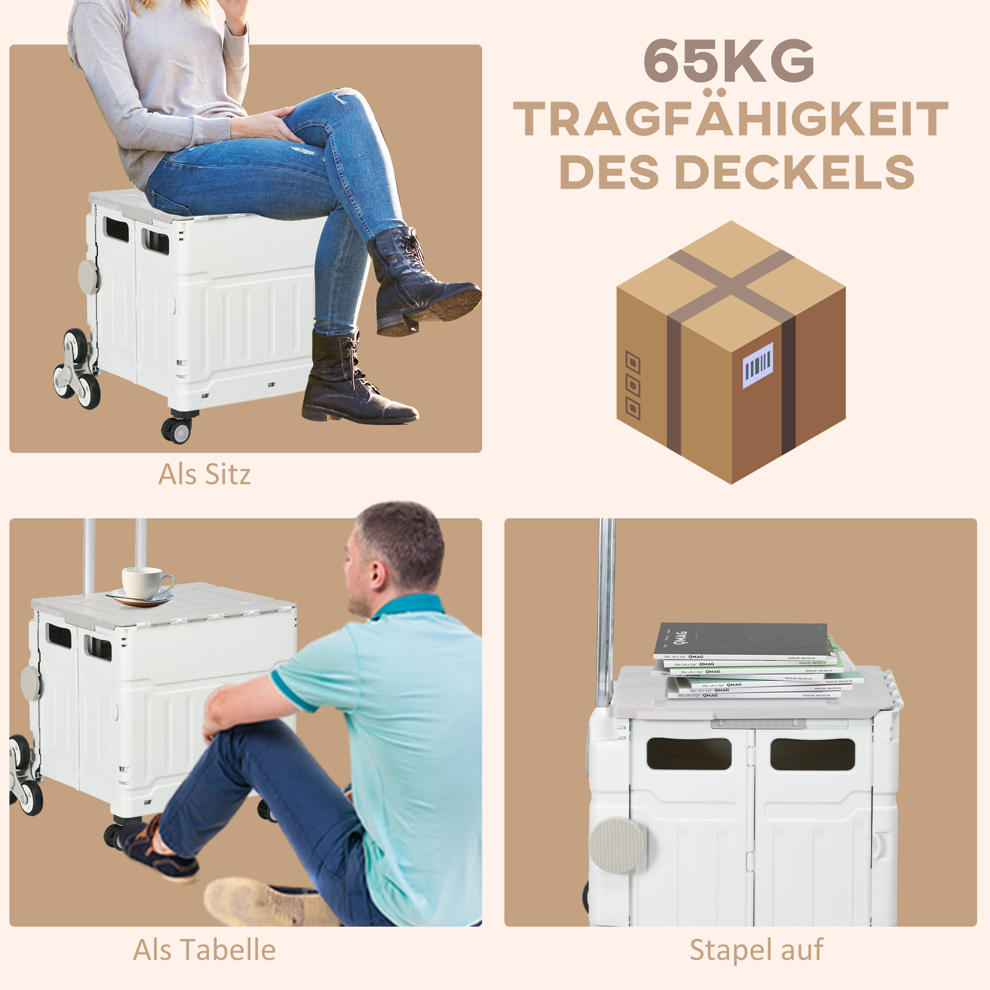 Einkaufstrolley Treppensteiger Mobile Transportbox,  klappbar, Teleskopgriff, bis max. 65 Kilo belastbar, Weiß