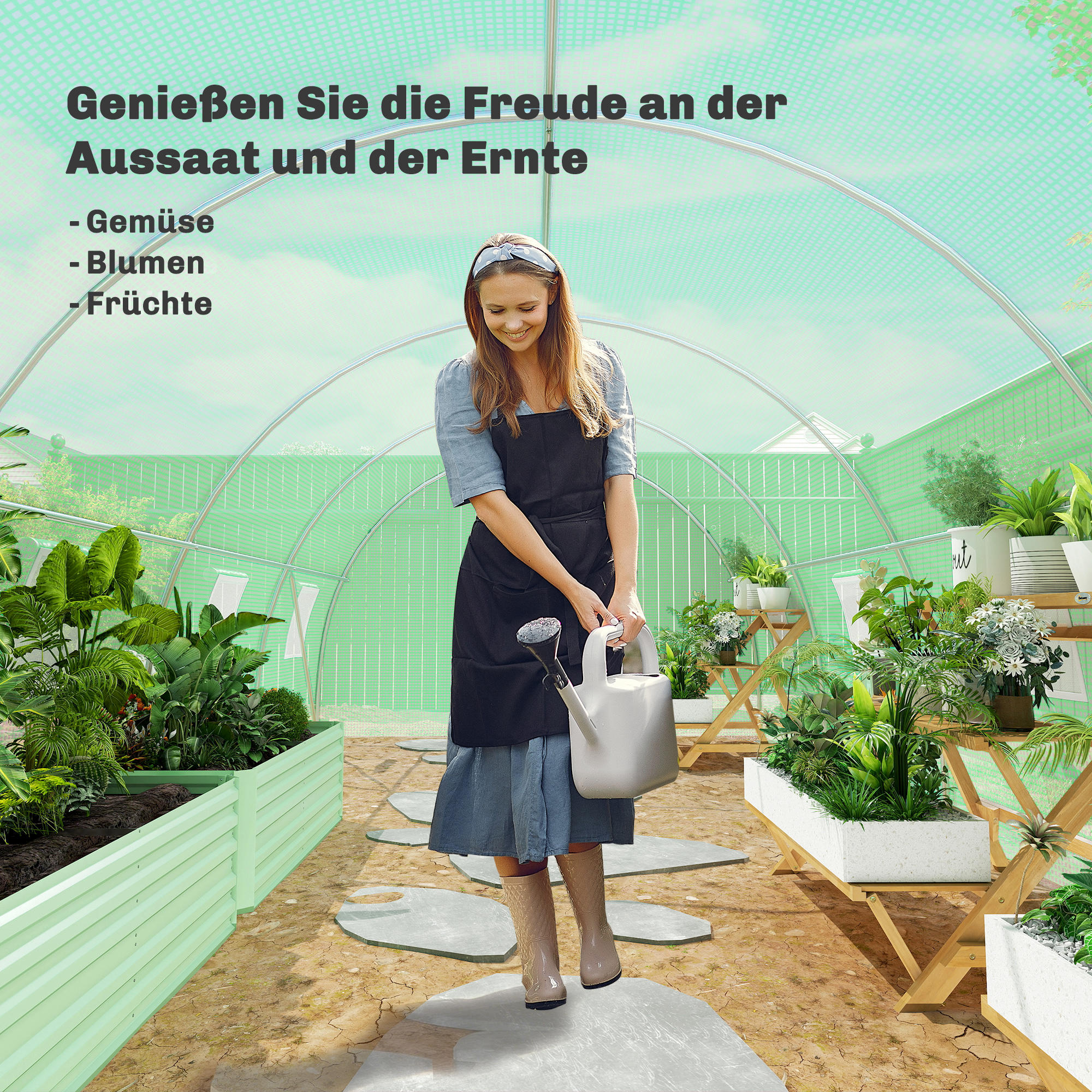 Foliengewächshaus, begehbar, 8 Fenster mit Fliegennetz, robuste Folie, Stahlrahmen, 6 x 3 x 2 m, Grün