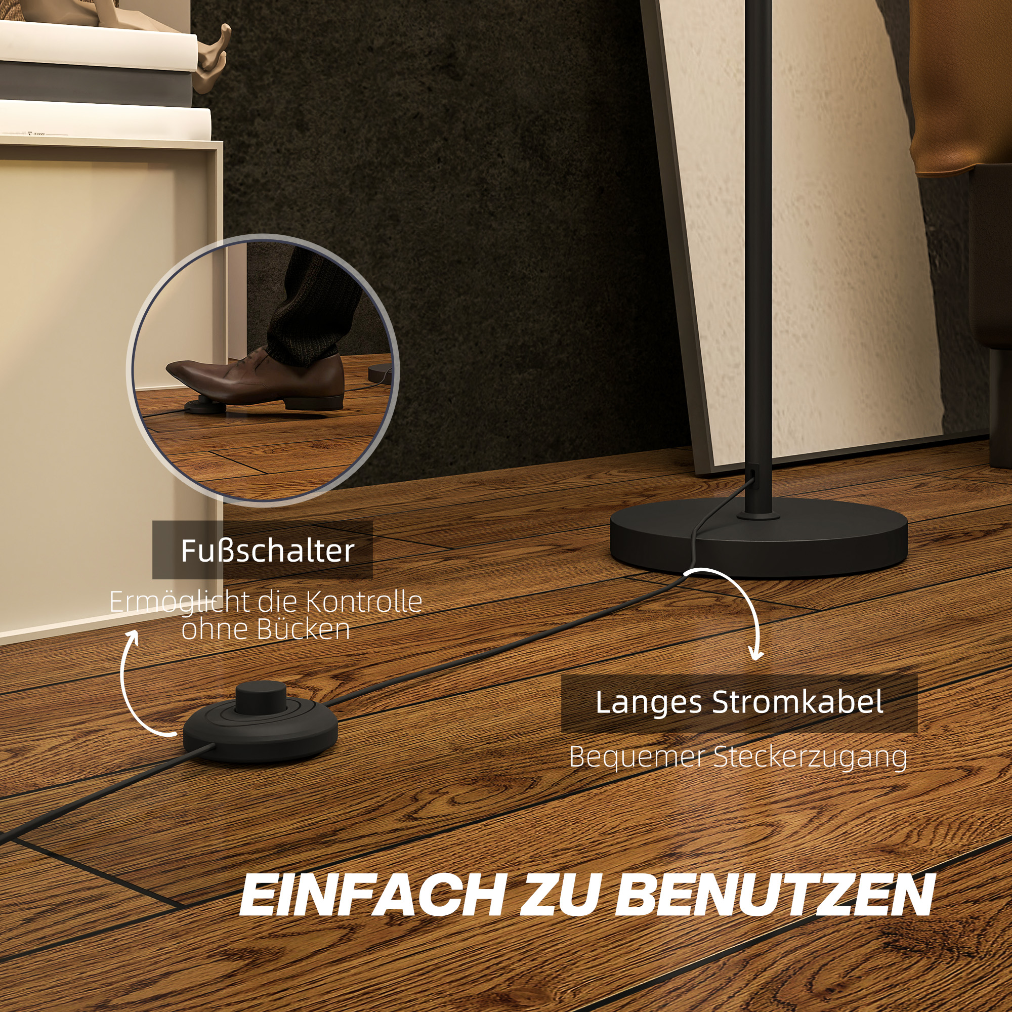 Stehlampe, Schirm in Leinenoptik, Metallstange, Fußschalter, Weiß