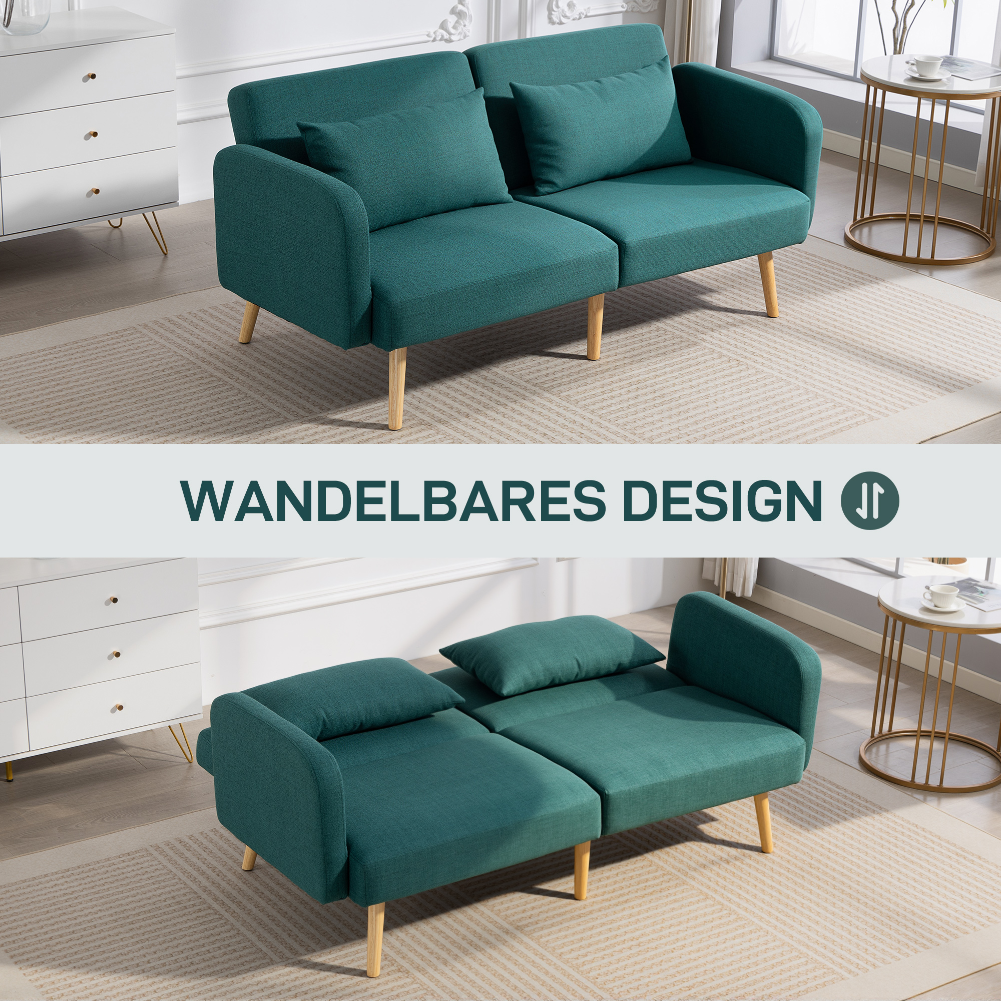 Schlafsofa, 3-Sitzer-Sofa mit Bettfunktion, 2 Kissen, Polstersofa mit verstellbarer Rückenlehne, Leinenoptik, Grün