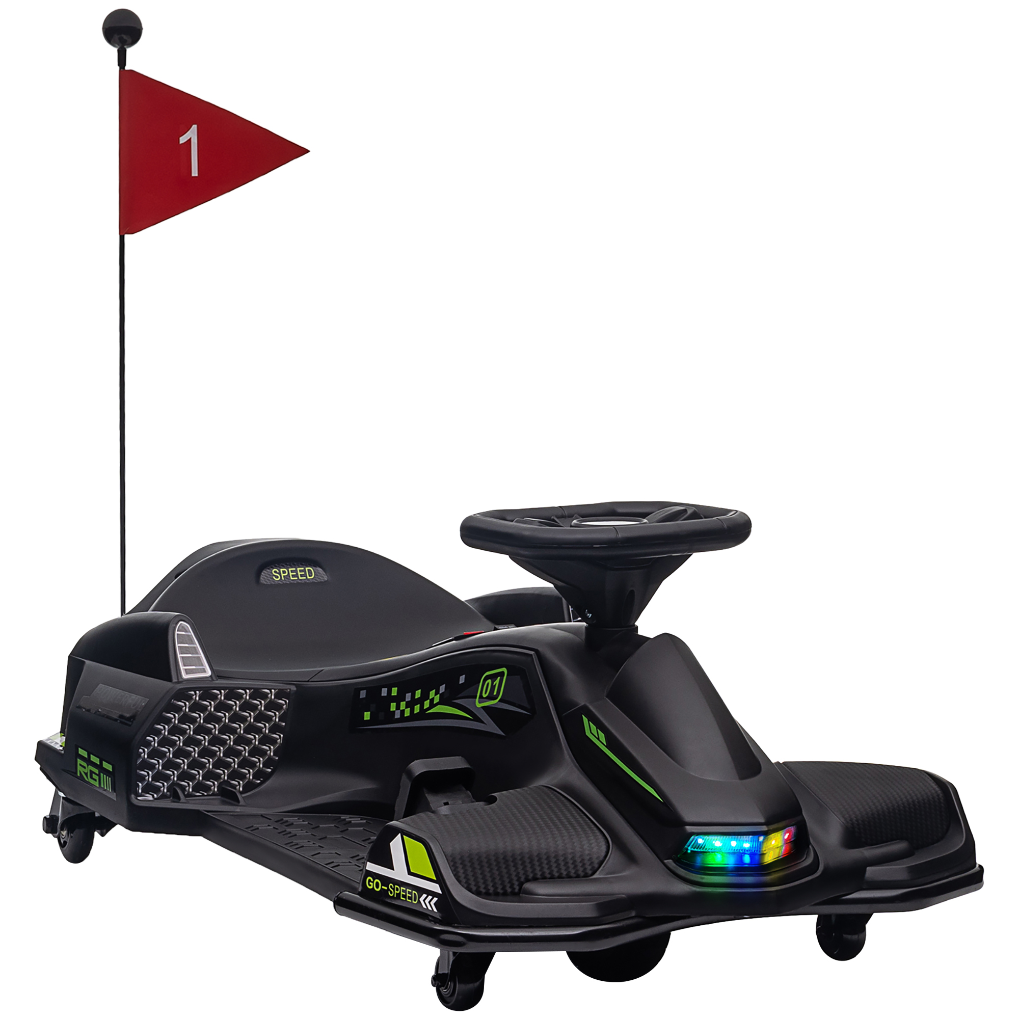 elektrisches Go-Kart für Kinder, Gummiräder, 3-8 km/h, mit Lichtern und Musikfunktion, Schwarz