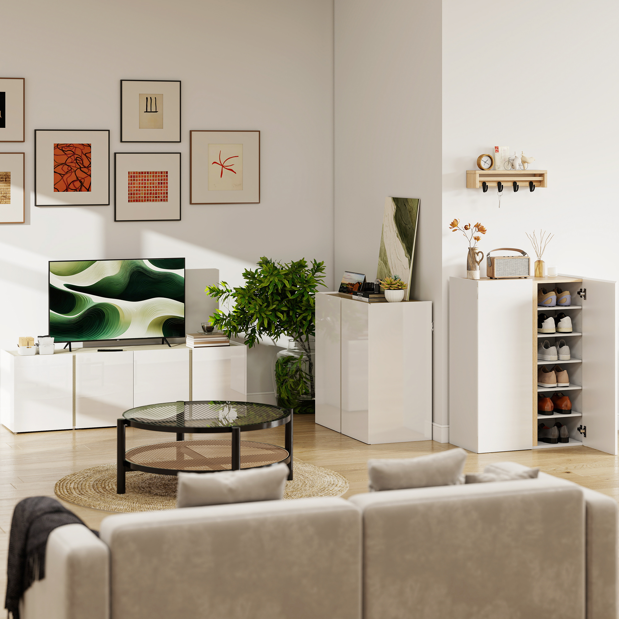 Schuhschrank mit Soft-Close-Funktion, 6-stufiges Design ohne Griffe, fasst bis zu 18 Paare, für Flur, Eingangsbereich, Holz, Weiß