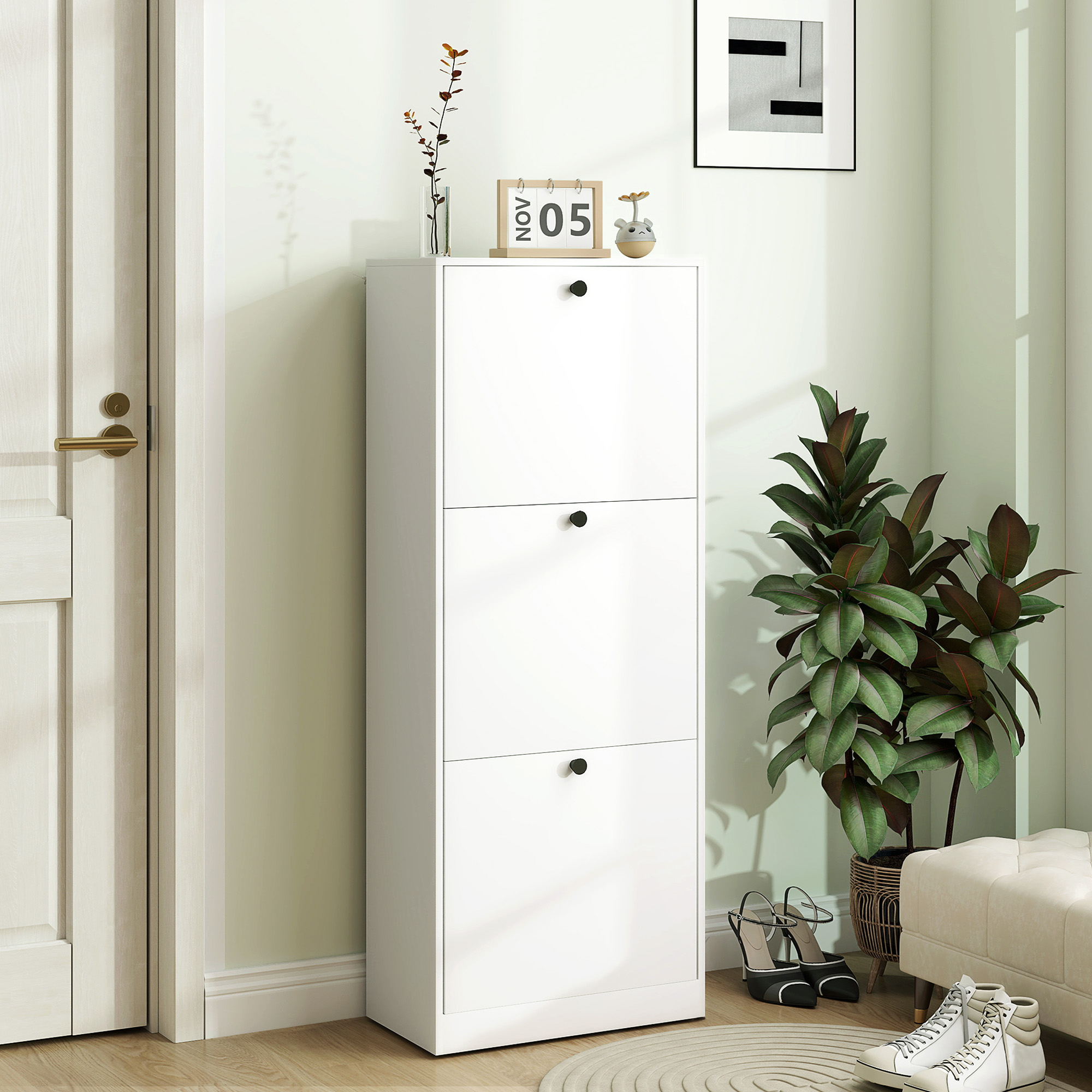 Schuhschrank, 3 Schubladen, für bis zu 12 Paar Schuhe, Spanplatte, Weiß