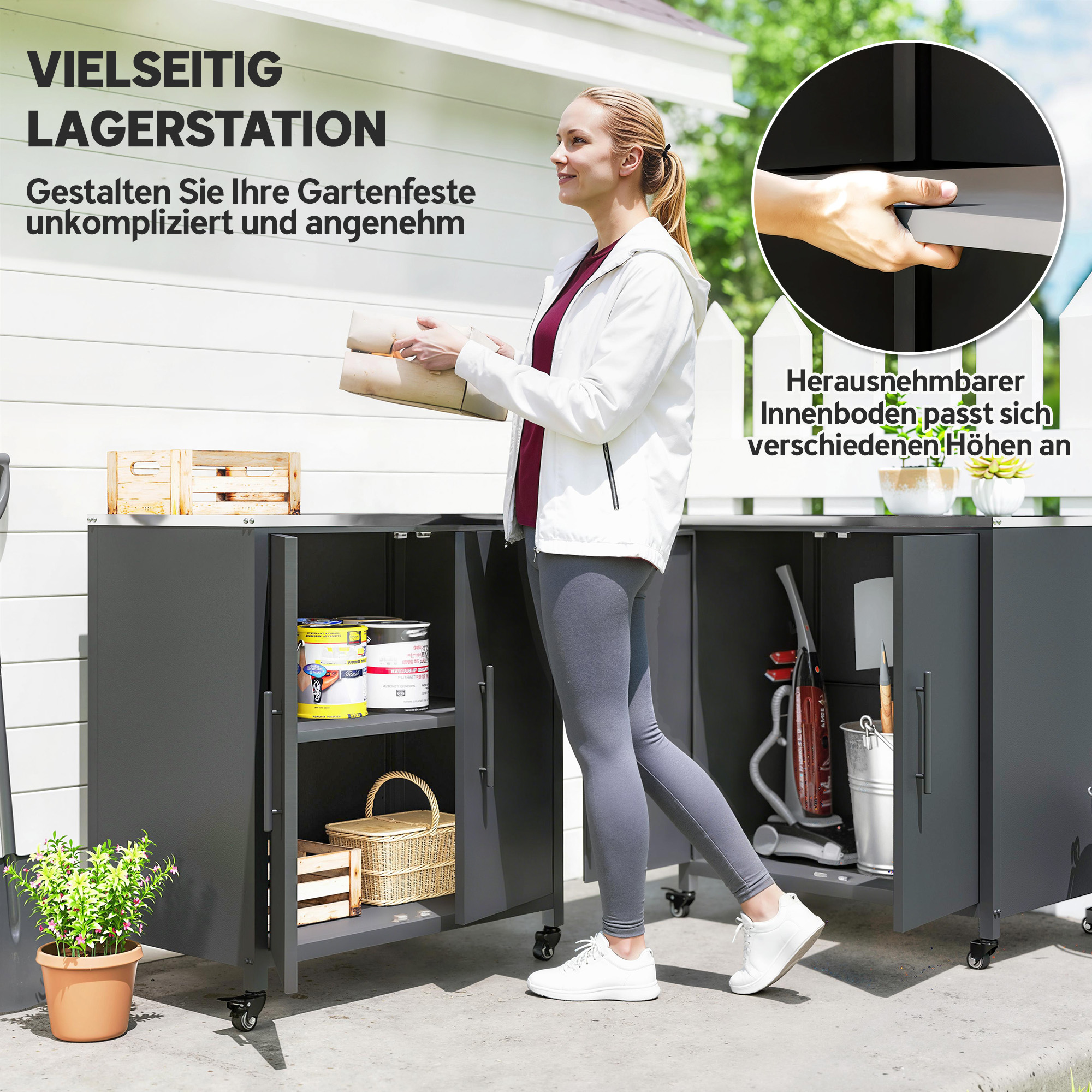 Gartenschrank mit Pflanztisch Geräteschuppen mit Edelstahl Arbeitsplatte abnehmbar Regal magnetisch Doppeltür Rolle