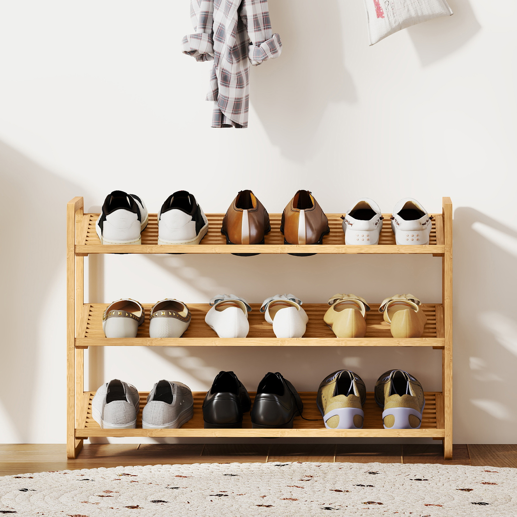 Bambusregal, Schuhregal, Flurregal, 3-stufiges Design, 30 kg Belastbarkeit, Holz