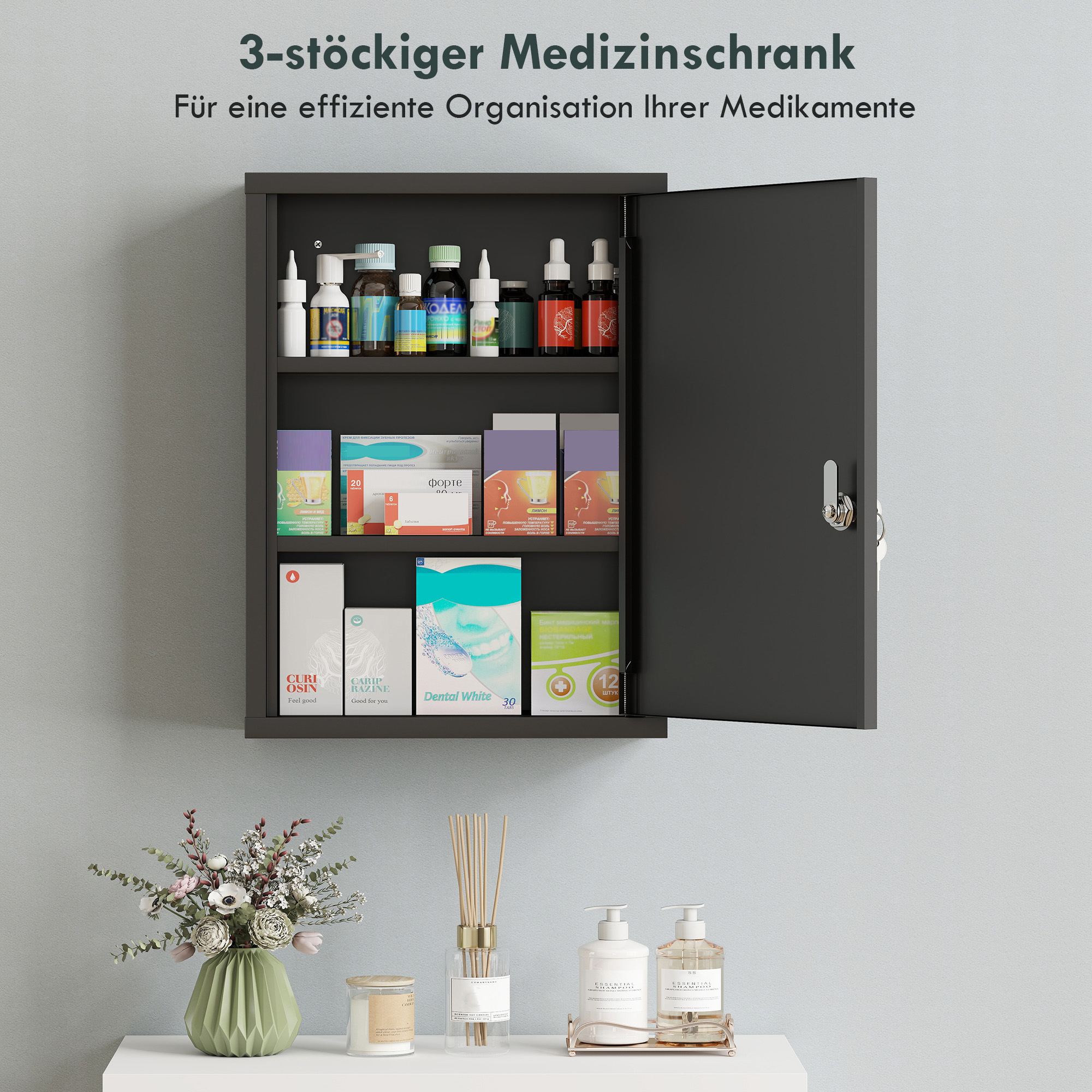 Medizinschrank zur Wandmontage mit Schloss, 3-stufiger Stahl-Wandschrank, 40 x 15 x 53,5 cm, Schwarz