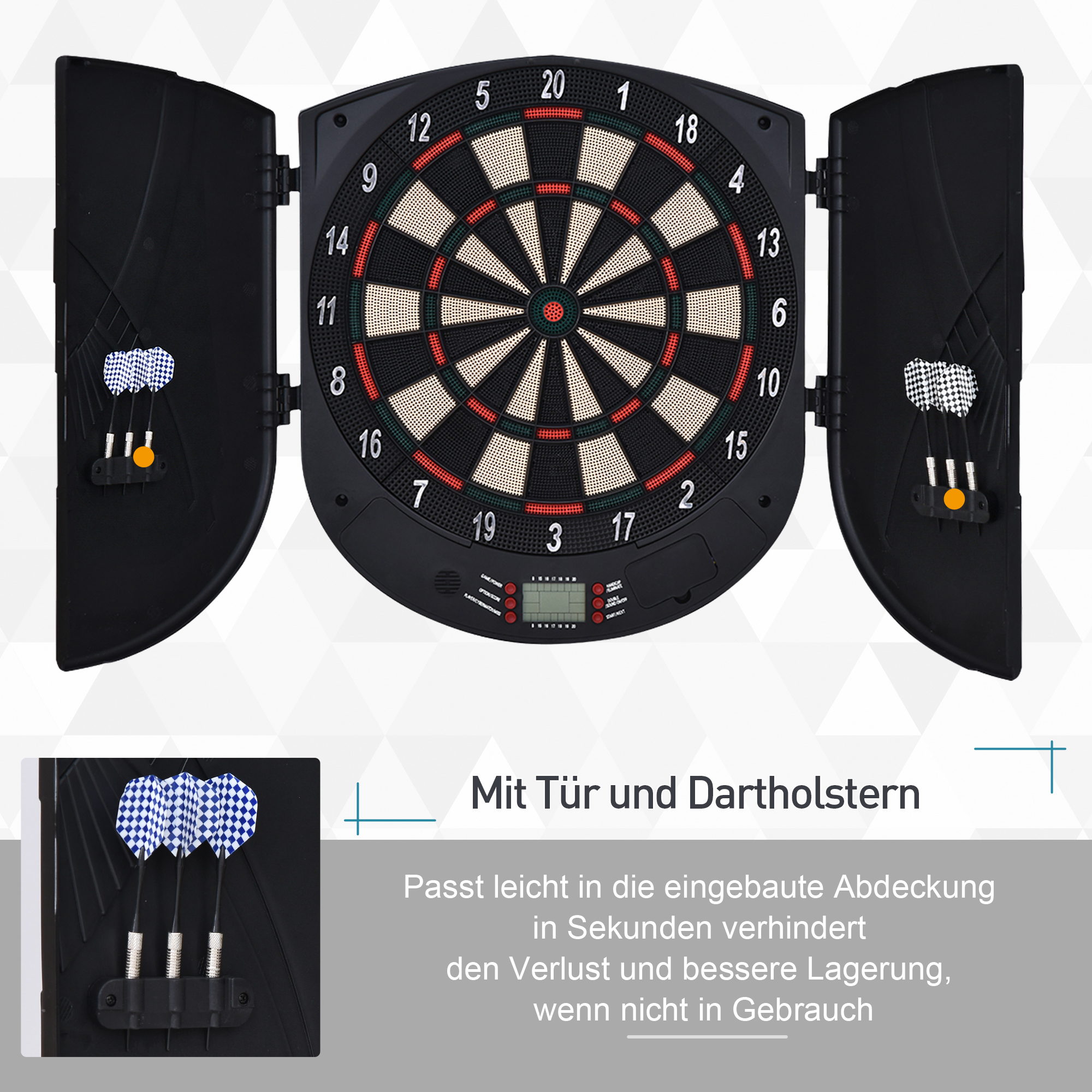 elektronische Dartscheibe Dartboard mit Sprachansagen Englische Stimme LED-Anzeigen 6 Darts 26 Spiele 185 Varianten Dartautomat mit Tür Dartscheibe Set für bis zu 8 Spieler