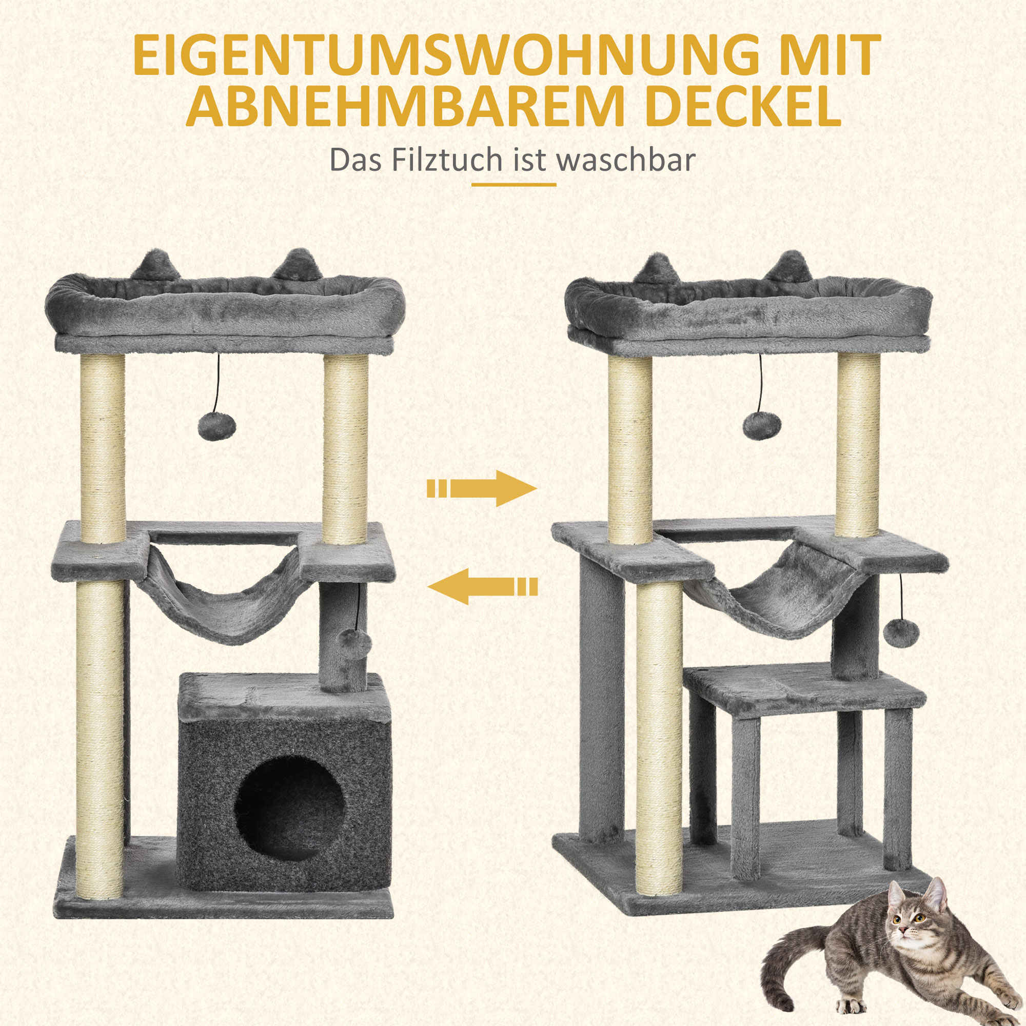 Katzenbaum 90 cm Kratzbaum mit Hängematte Spielbaum Katzenhöhle Plattformen Kletterbaum Katzenkratzbaum Aktivitätskratzbäum Plüsch Sisal Grau