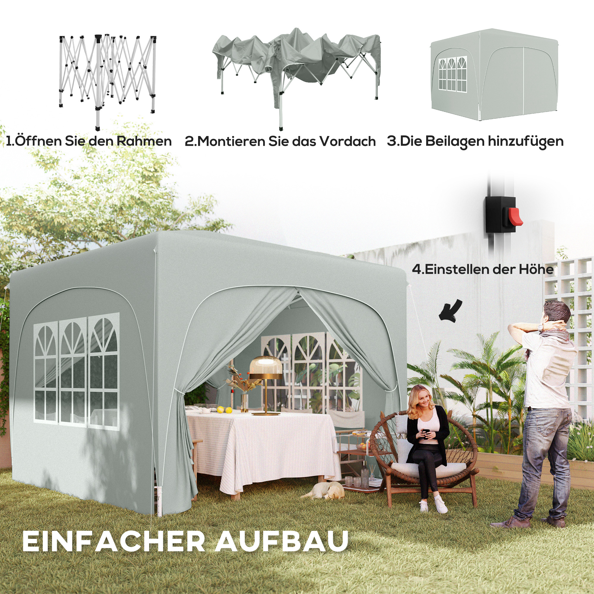 3 x 3 m Pavillon, Pop-up Gartenzelt mit Seitenwänden und Tragetasche, UPF50+, höhenverstellbar, Sand
