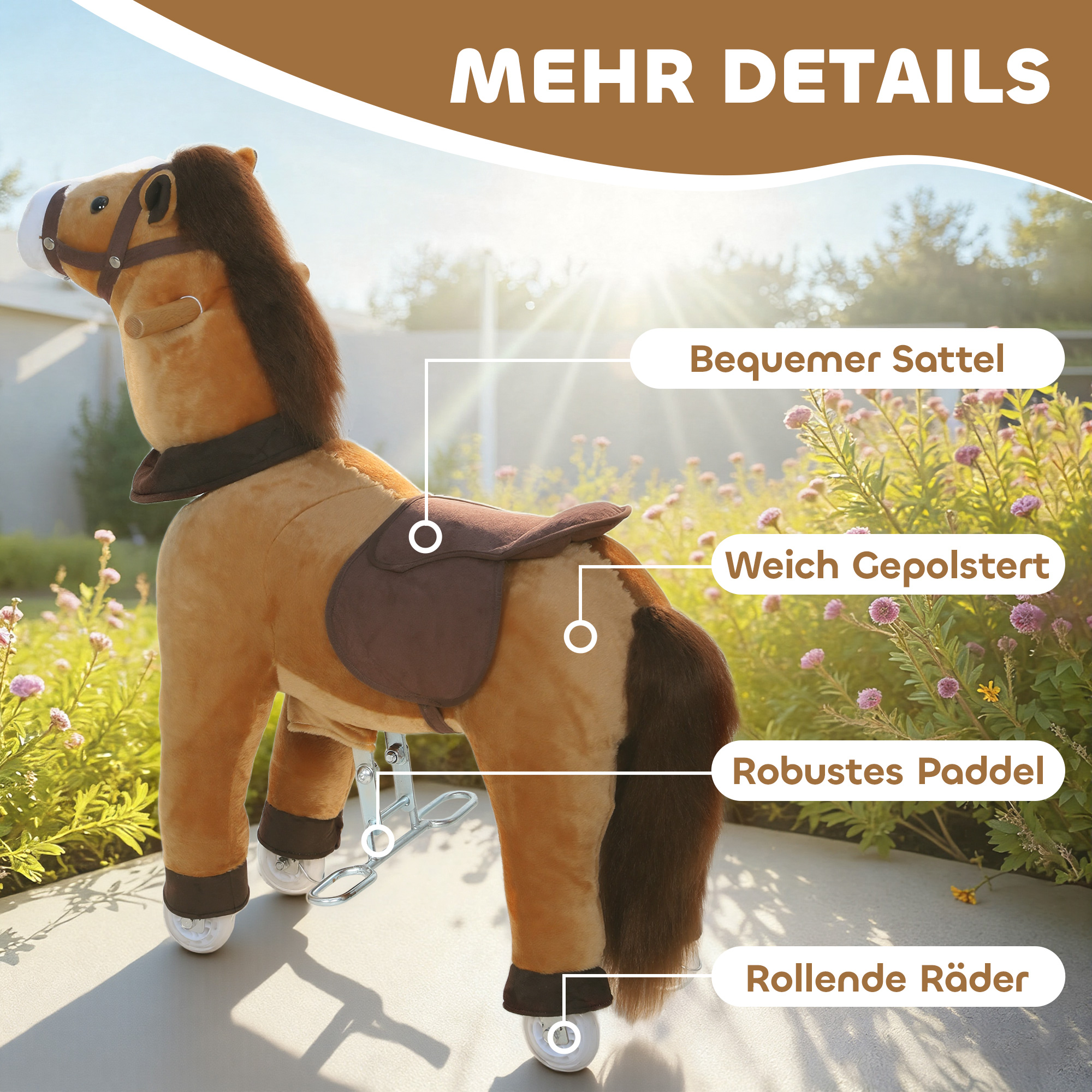 Reitpferd für Kinder, Stoffbezug, stabiler Rahmen, sanfte Räder, Schaukelpferd, 3-5 Jahre, Dunkelbraun