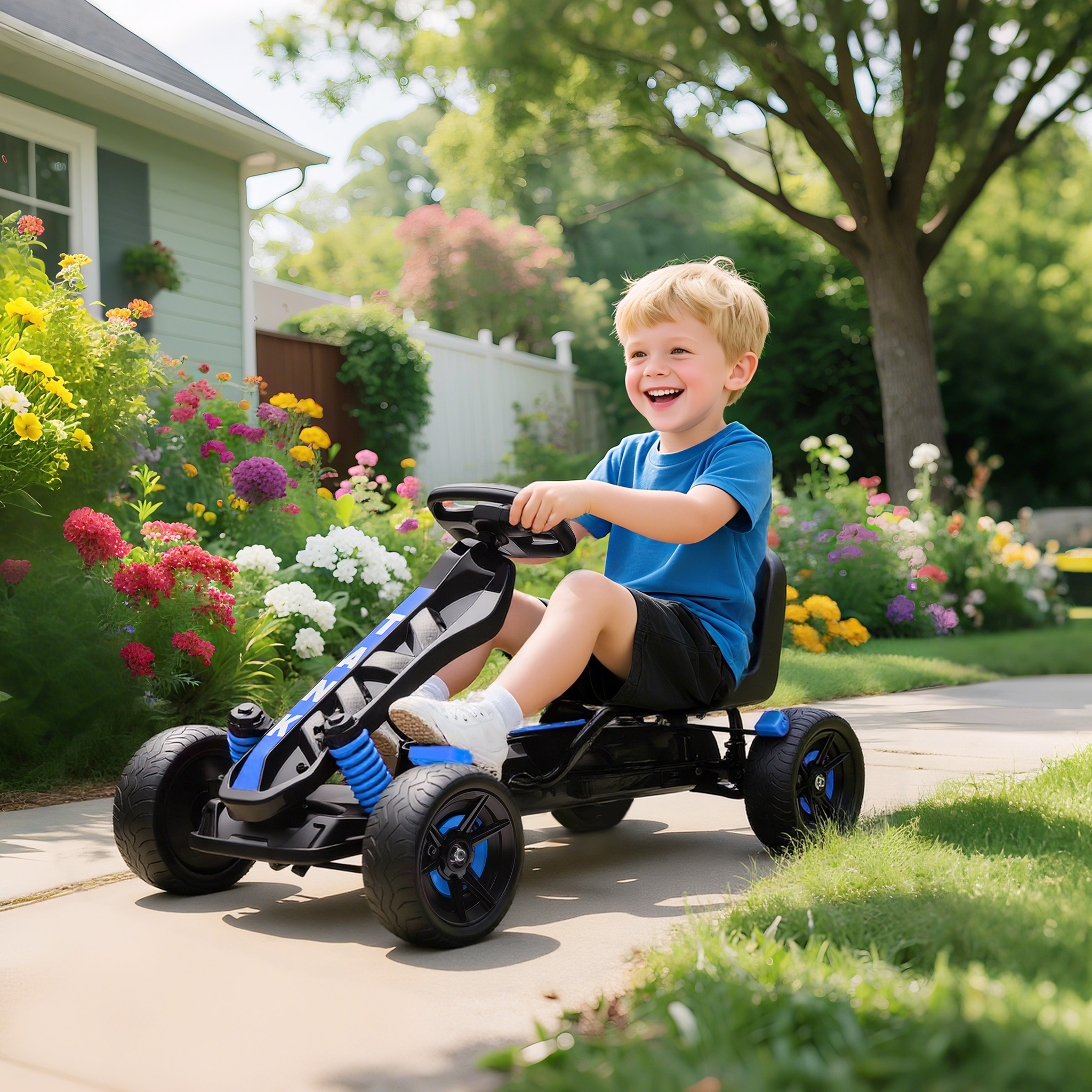 Gokart mit Pedalen, Tretauto für Kinder mit Bremse, rutschfeste Räder, Metallrahmen, 3-6 Jahre, Blau