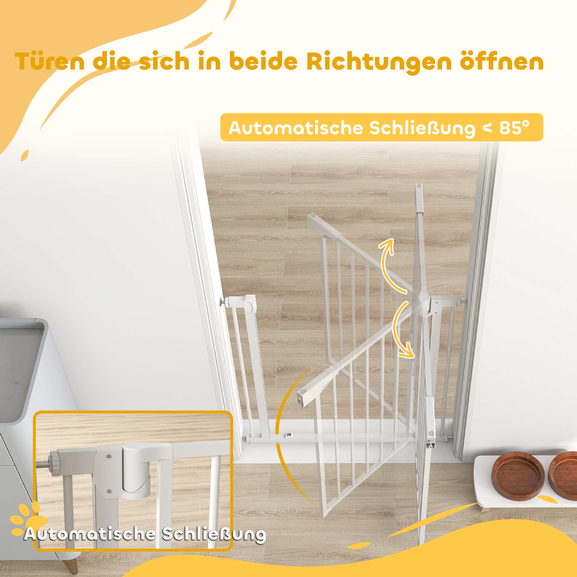 Treppenschutzgitter Absperrgitter ohne Bohren mit automatische Schließung für Kinder Küche Treppe 76-82 x 76 cm Weiß
