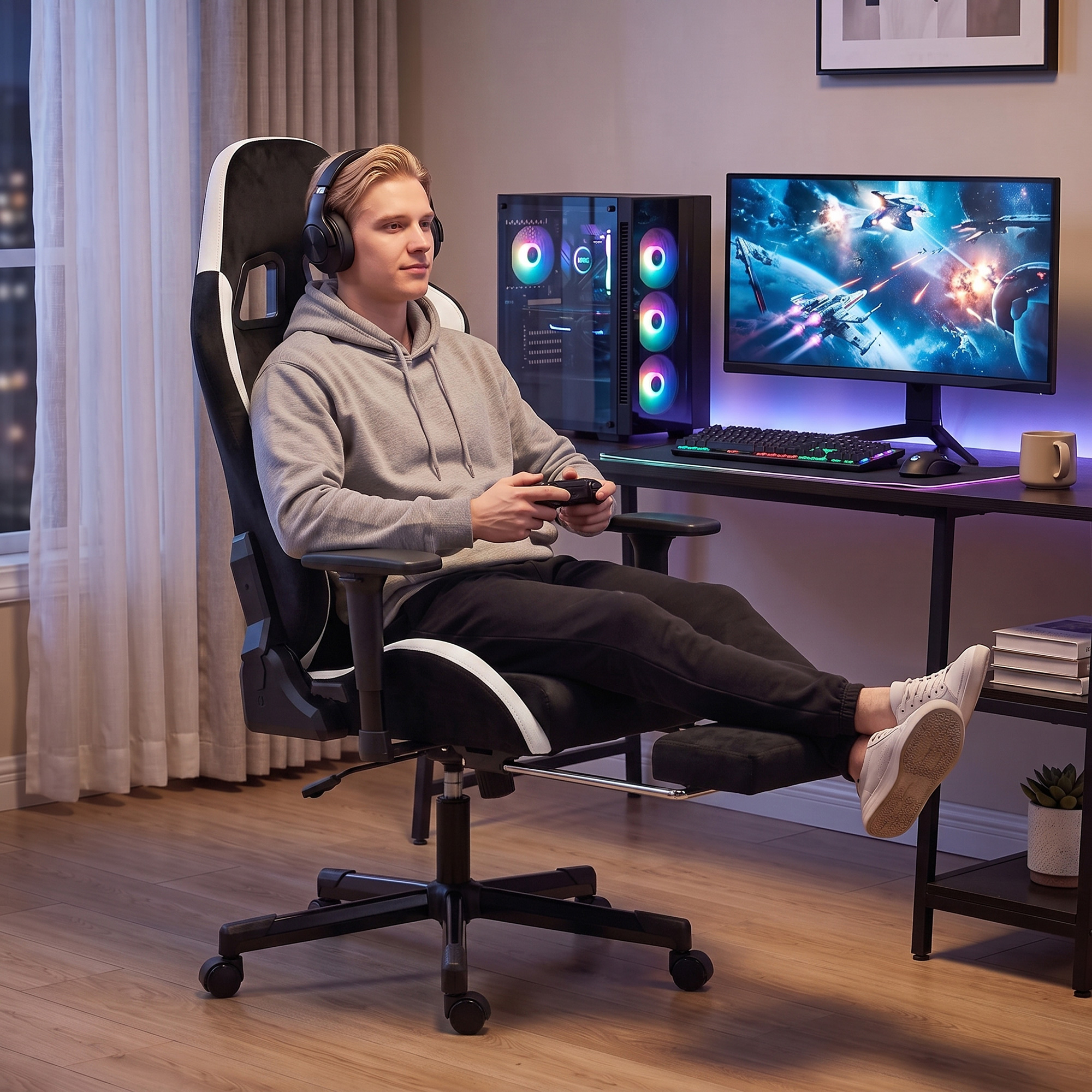 Gaming-Stuhl mit Massage- und beheiztem Lendenkissen, ergonomisch, Leinenoptik, 3D-Armlehnen, Kopfstütze, Schwarz