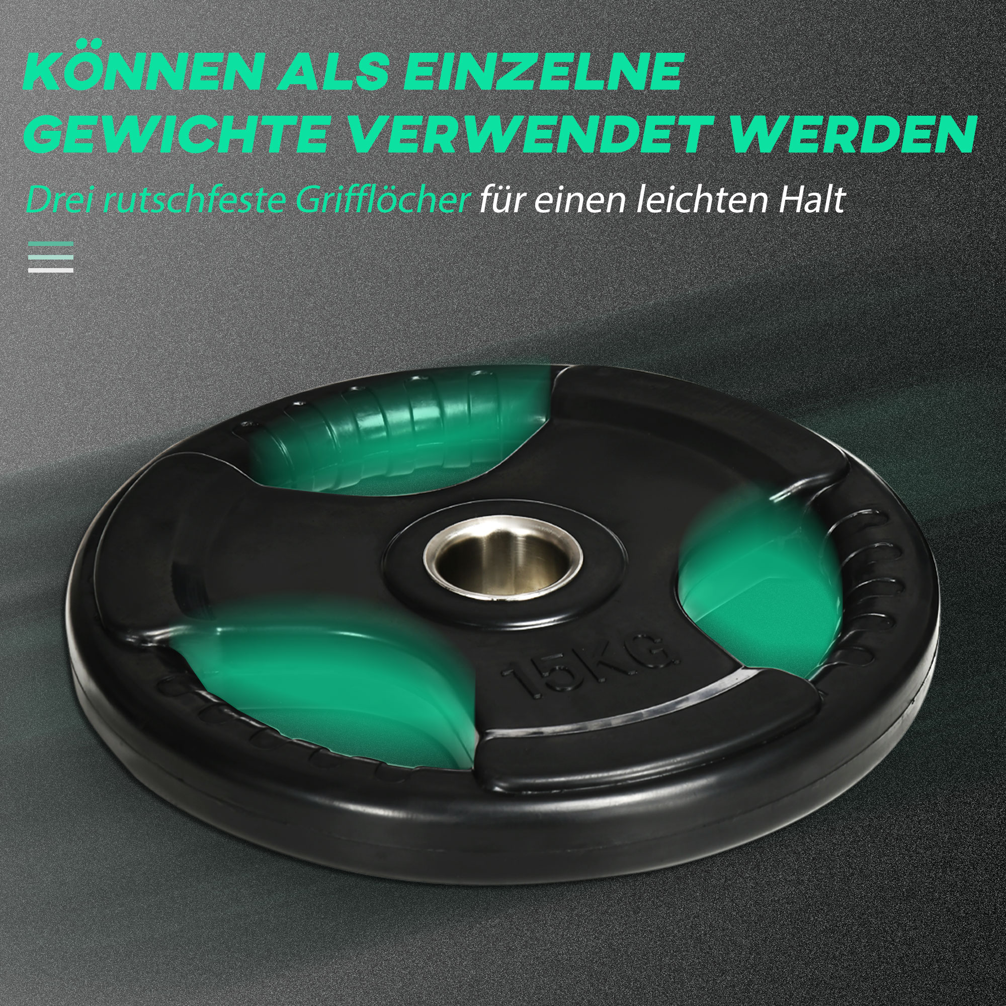 Hantelscheibe, 2er-Set, 15 kg pro Scheibe, drei Griffe, bodenschonender Gummimantel, Metall