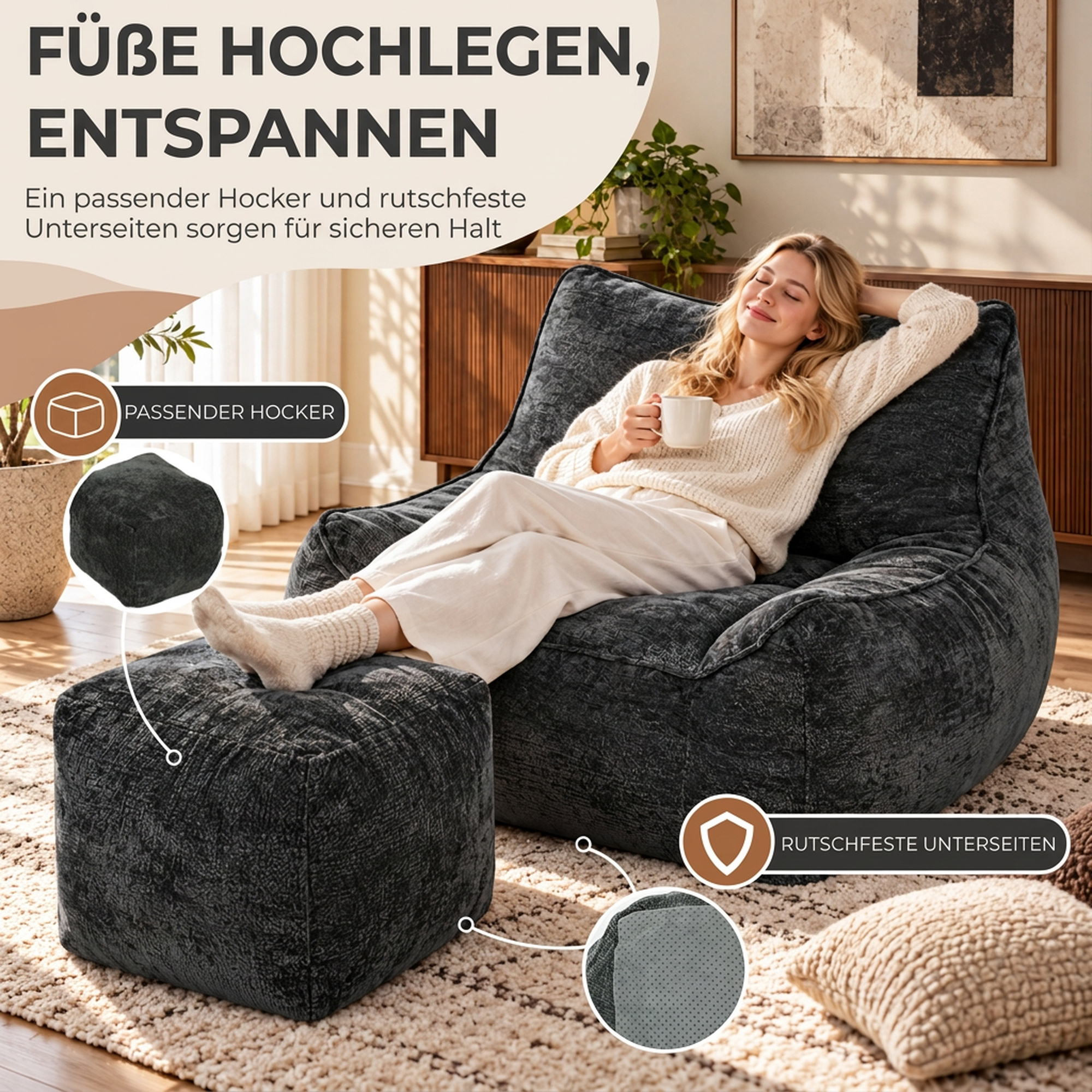 Bodensessel mit Ottoman, rahmenloser Cloud-Sessel aus Chenille, mit Rückenlehne und Armlehnen