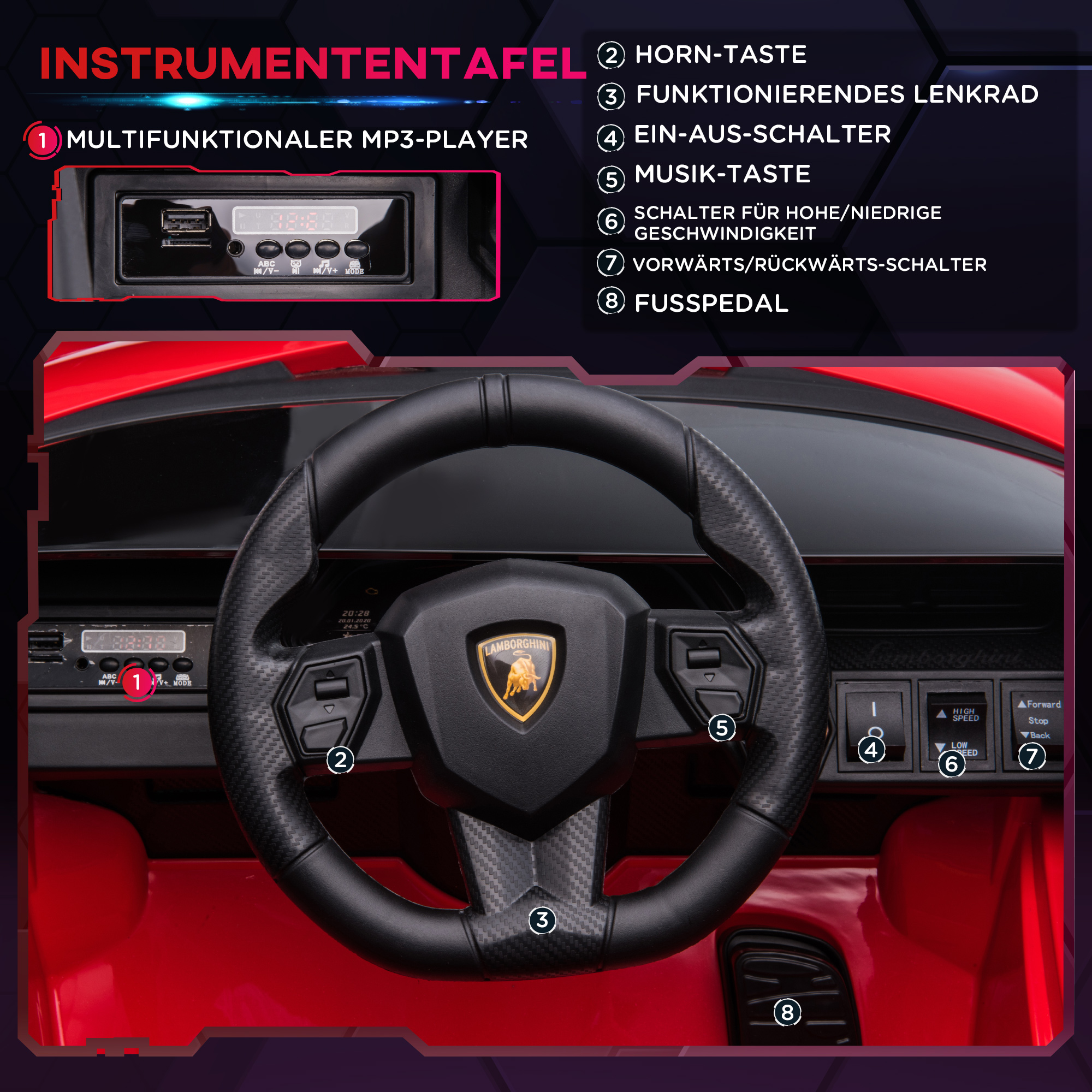 Kinderfahrzeug 12V 2 Fahrmodi Lamborghini SIAN SUV-Auto-Spielzeug Elektroauto mit Fernbedienung Musik(MP3/USB) Licht 37-60 Monate Metall Rot 108 x 62 x 40 cm