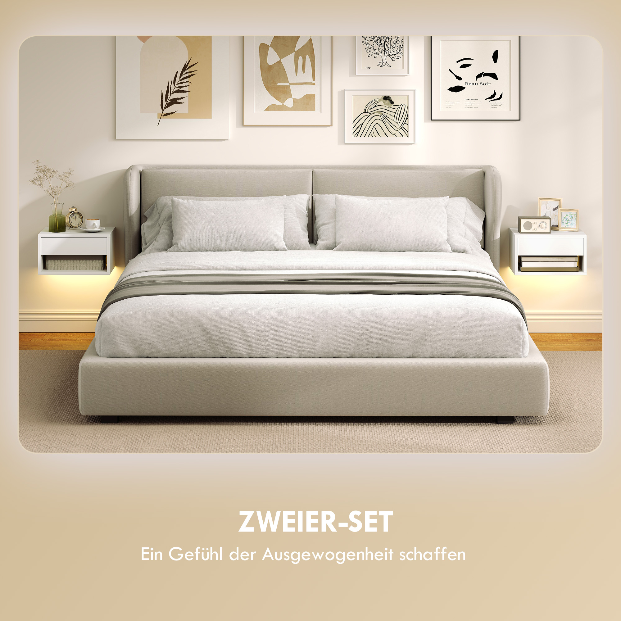 Nachttisch 2er-Set mit RGB-LED-Beleuchtung, schwebender Nachttisch mit Schublade und offenem Fach, Weiß