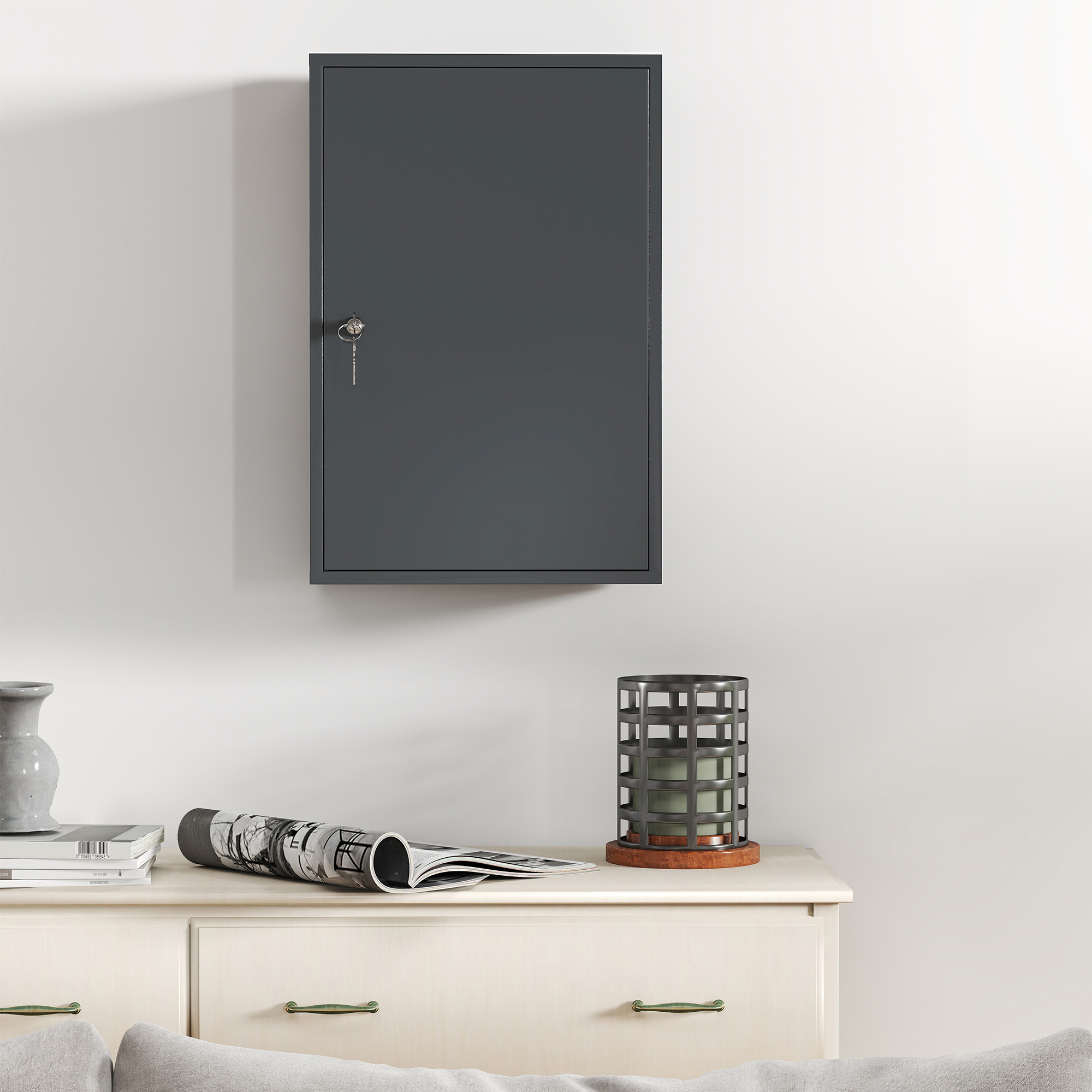 Wand-Medizinschrank, Badezimmerschrank mit 3 Regalböden, 2 Schlüsseln, 40 x 18 x 60 cm, Grau