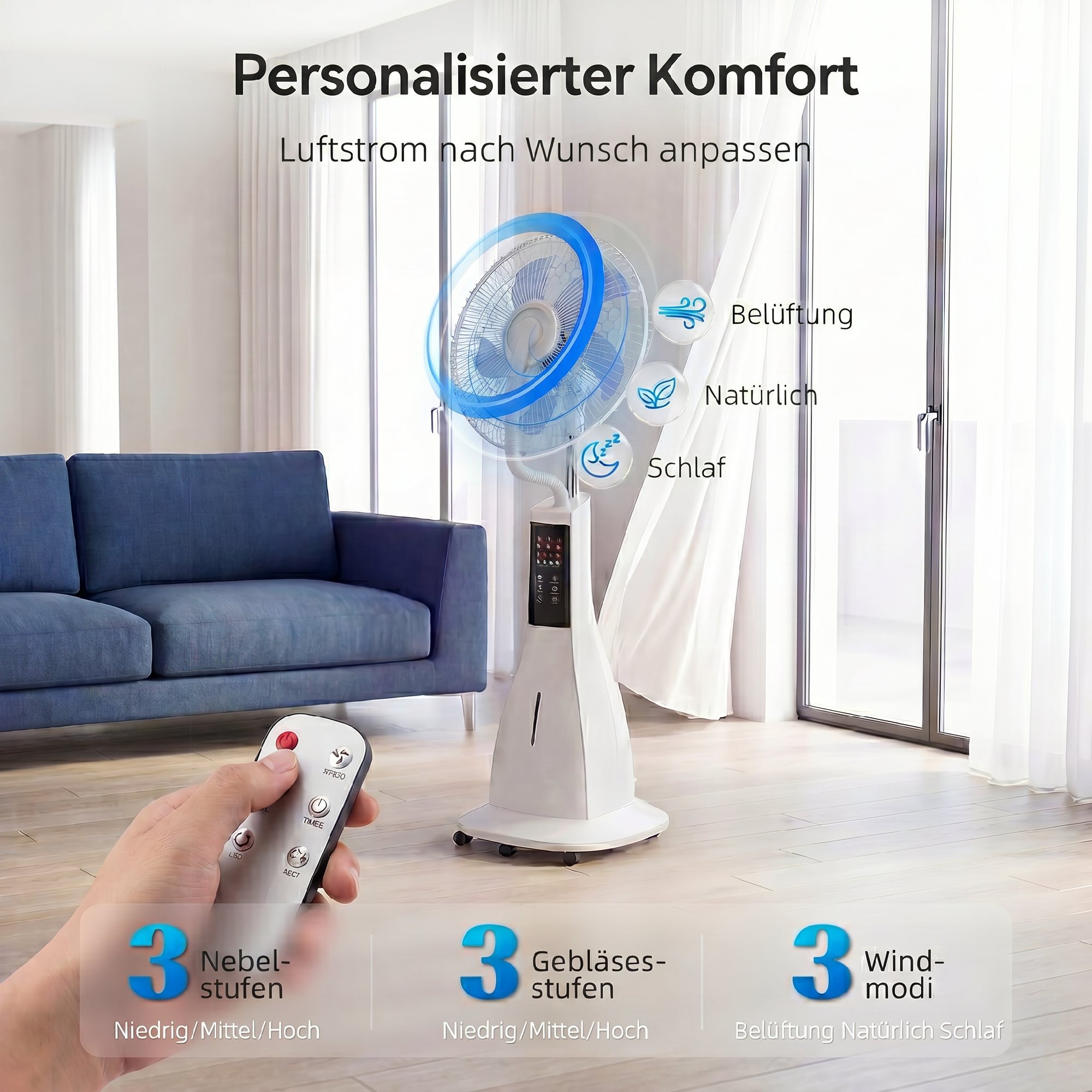 Stehventilator mit Wassernebel, 75° Oszillation, 3 Geschwindigkeiten, 3 Modi, Weiß