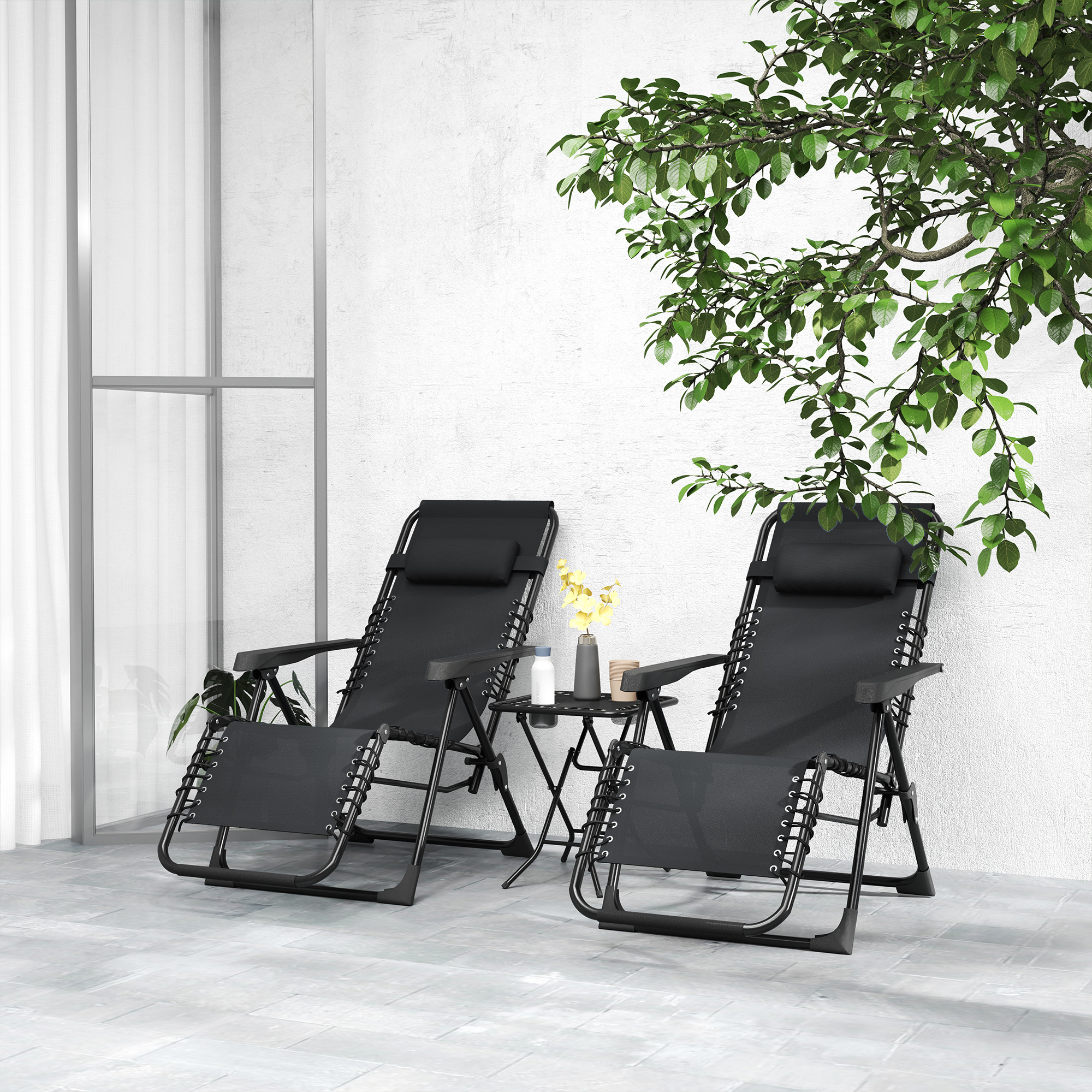 Gartenliege Set 3-TLG. Sonnenliege mit Teetisch 2 Liegestühle Kissen, Outdoor Liege 90x56x110 cm Schwarz