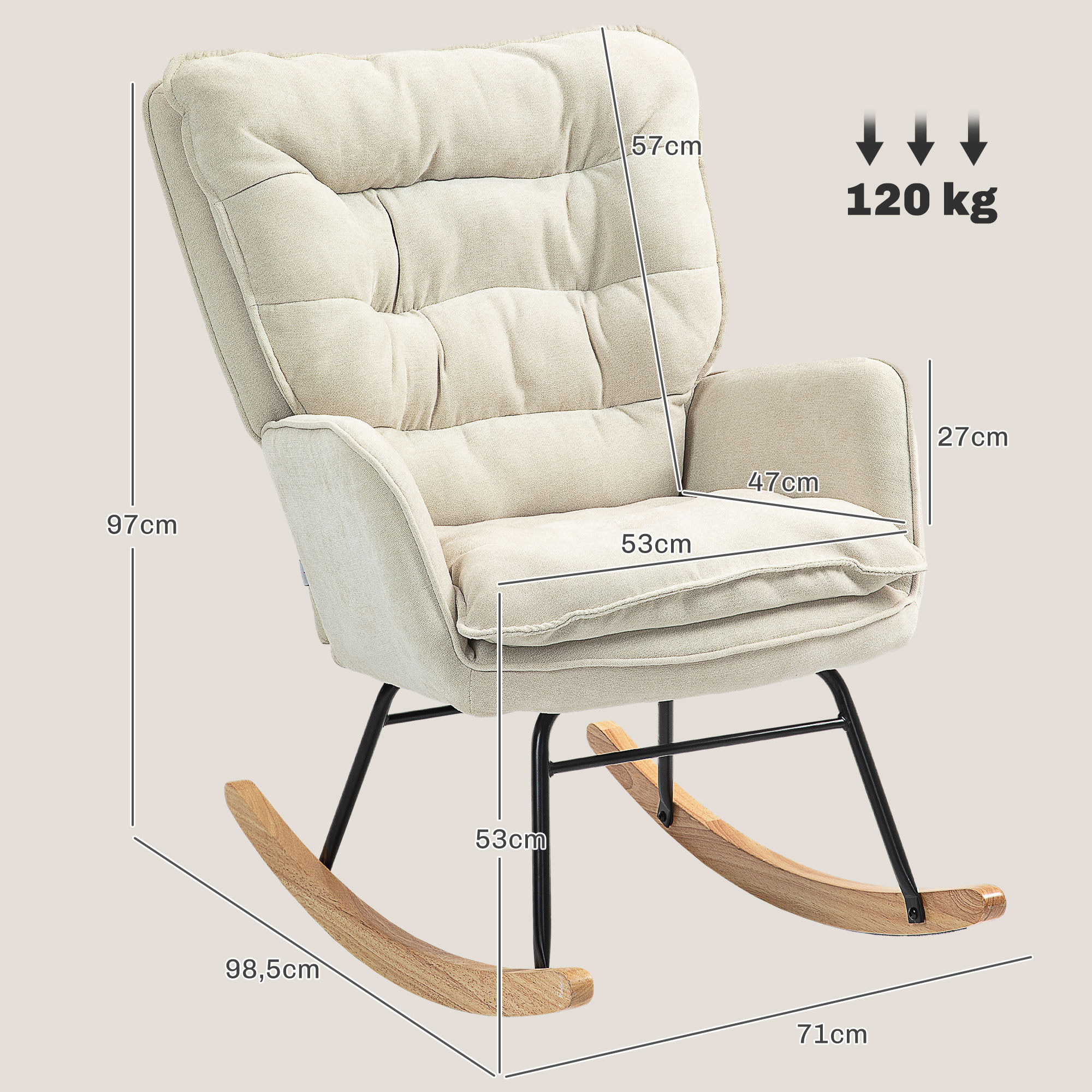 Schaukelstuhl, breiter Sitz, hohe Rückenlehne, Buchenholzrahmen, bis 120 kg, Beige