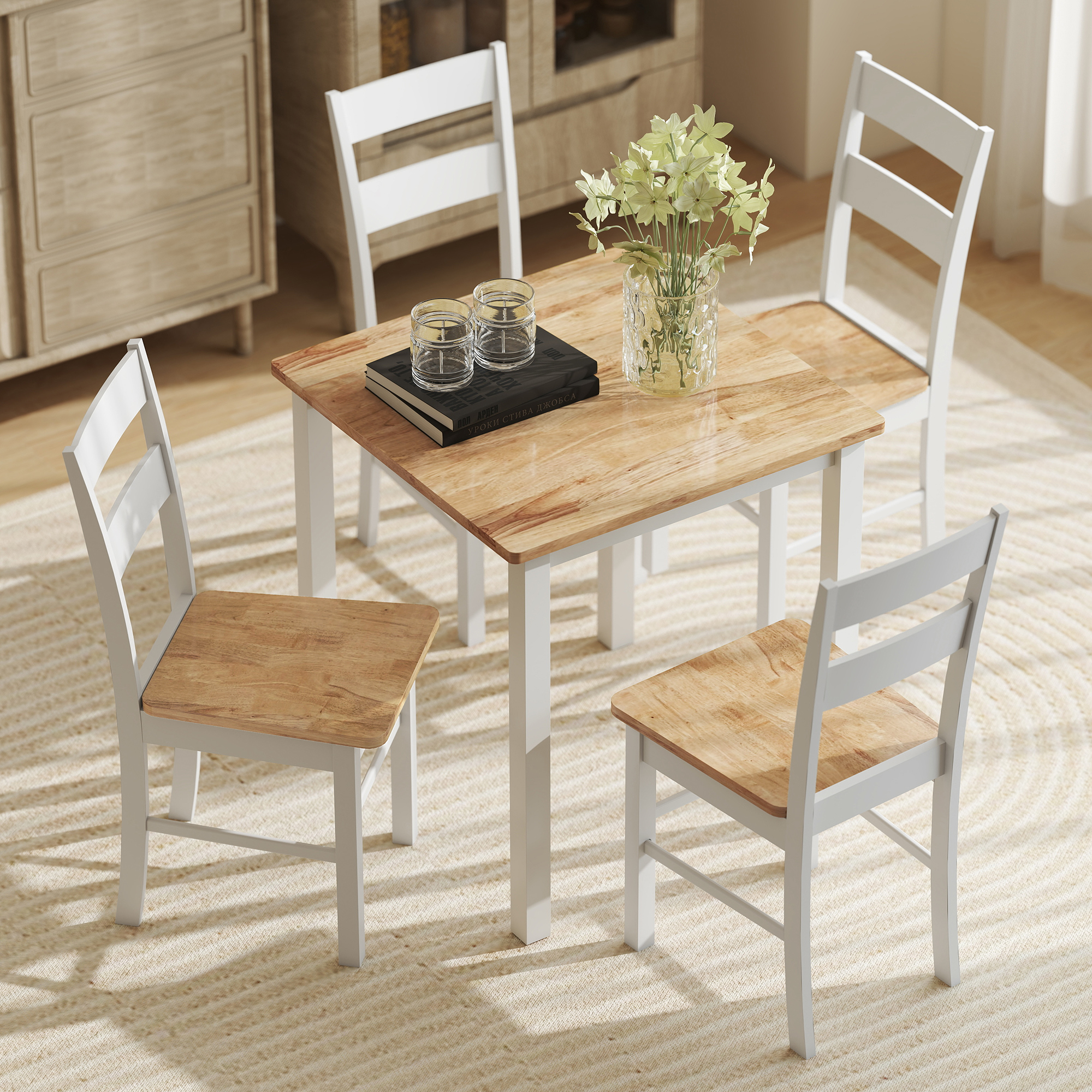 2er-Set Küchenstühle, Kautschukholz, gebogene Sprossenlehne, Weiß