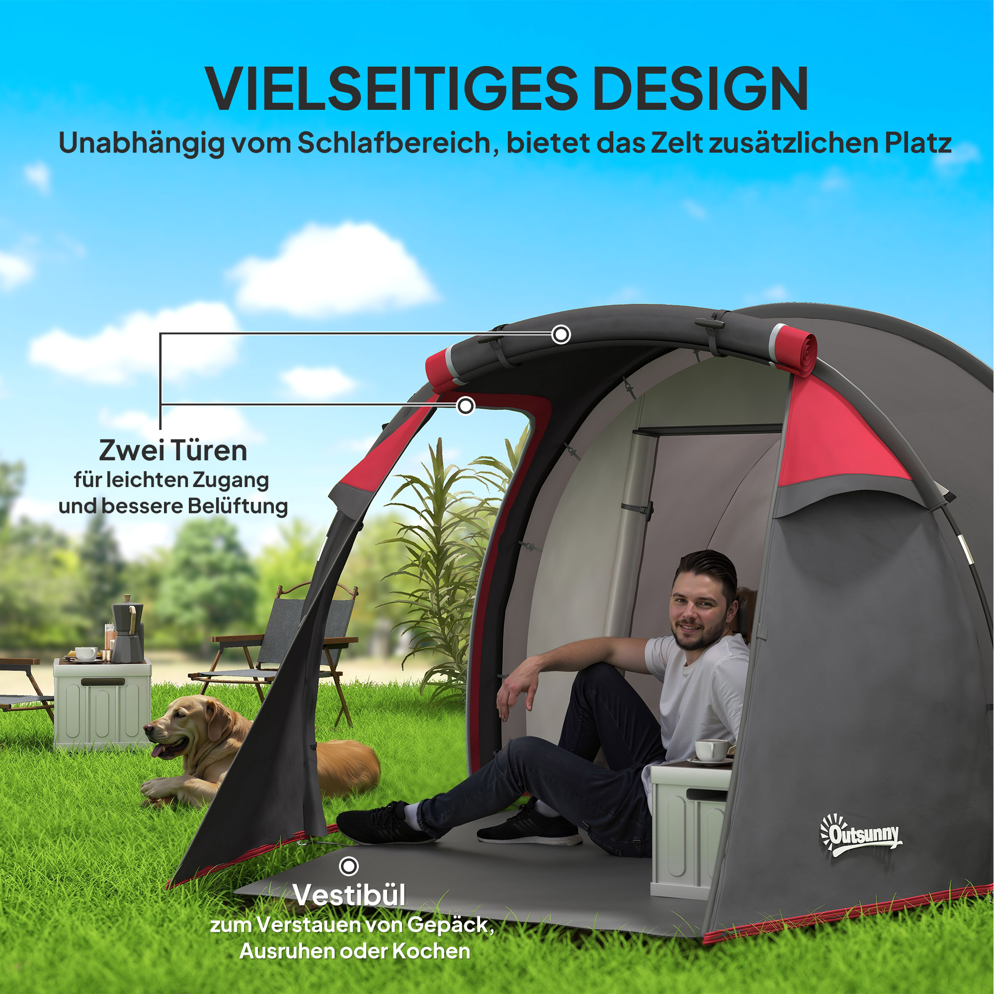 Campingzelt, Wurfzelt für 2-3 Personen, Vorraum & Schlafbereich, wasserdicht, 426 x 206 x 154 cm, Grau