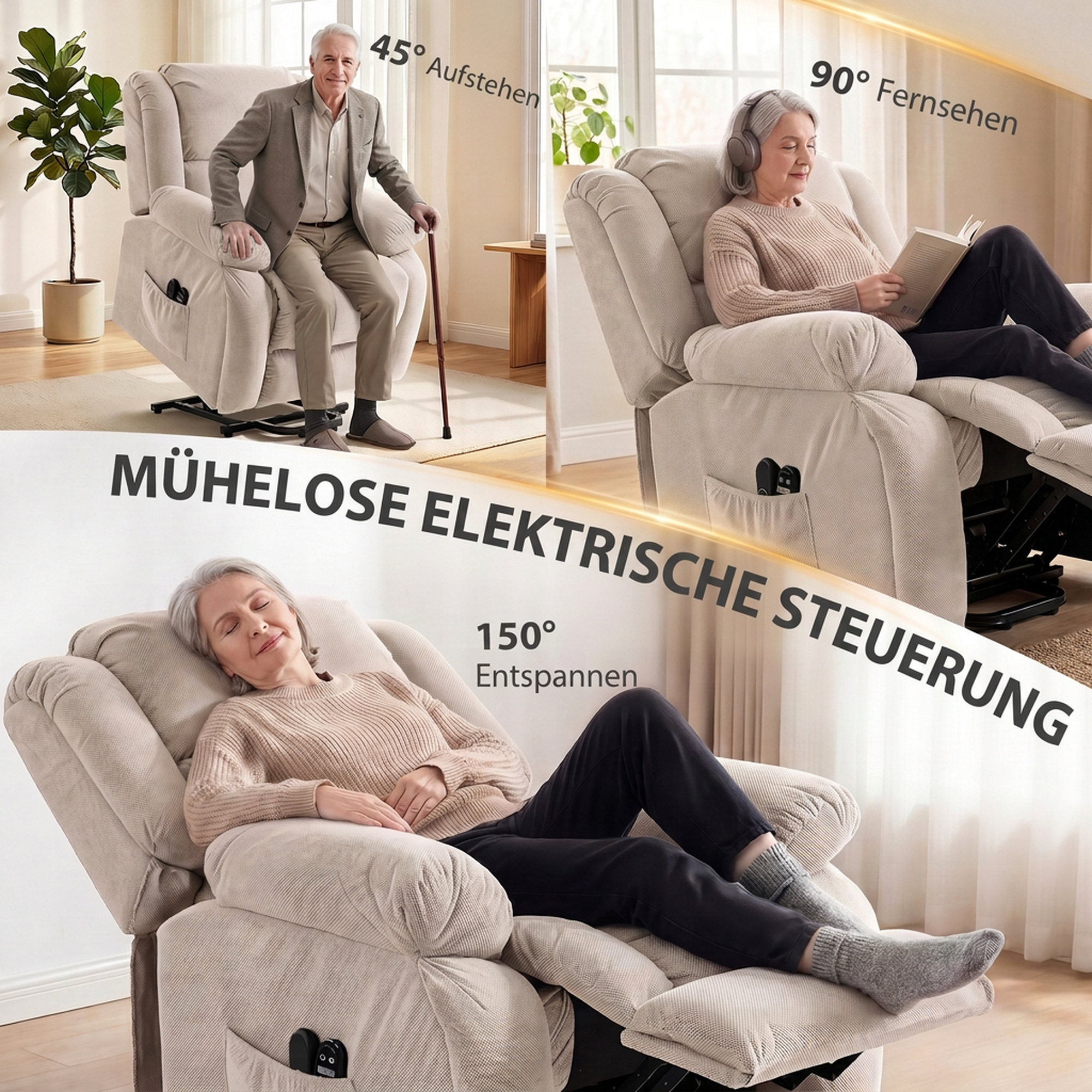 Fernsehsessel mit Massage- und Wärmefunktion, Elektrischer Aufsteh-Sessel, Fernbedienung, Seitentaschen, Beige