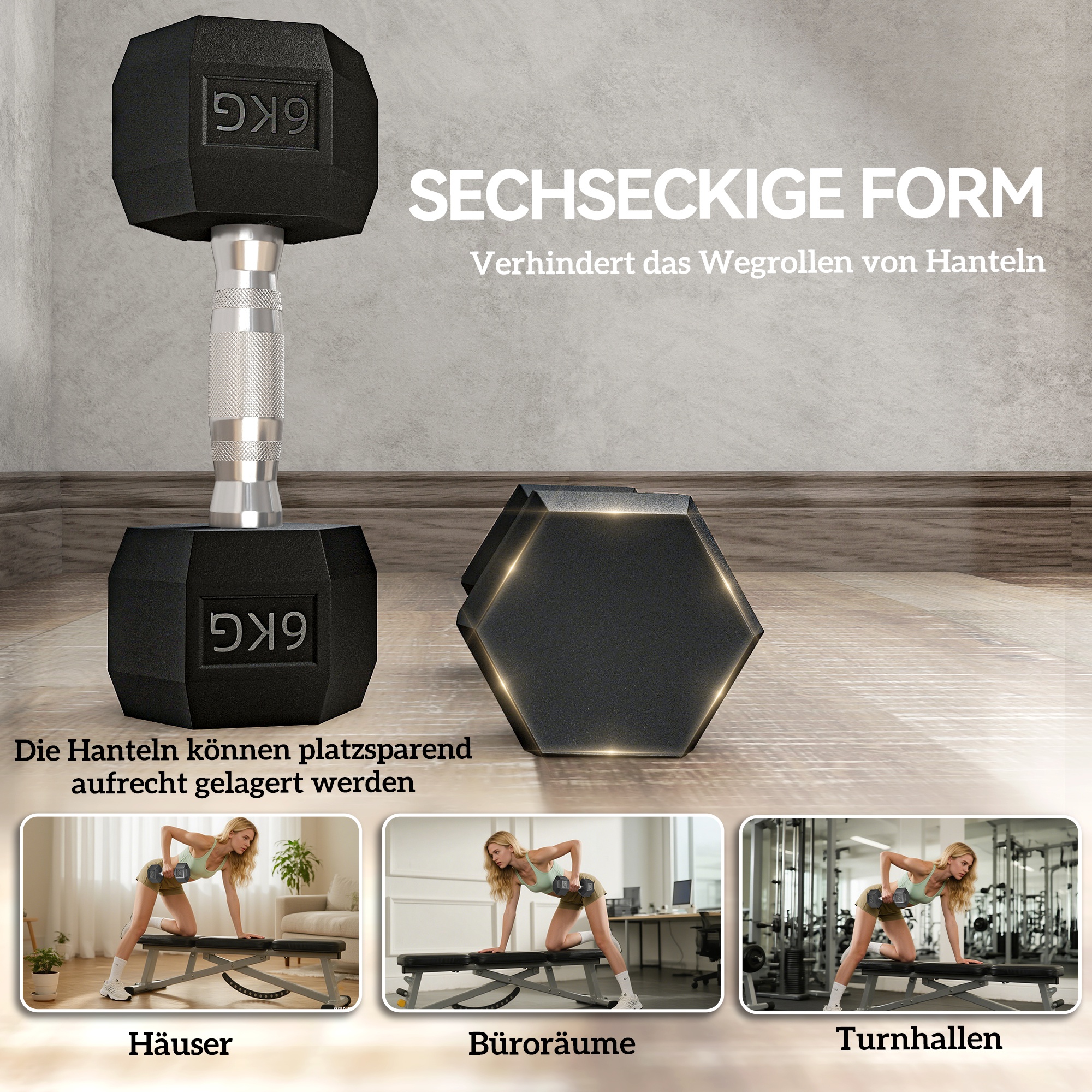 Hexagon Hanteln, 2er Set Hanteln mit gerändeltem Griff, Kurzhantelset aus Gusseisen, 2 x 6 kg, Kurzhanteln für Männer Frauen, Zuhause, Fitnessstudio, Krafttraining