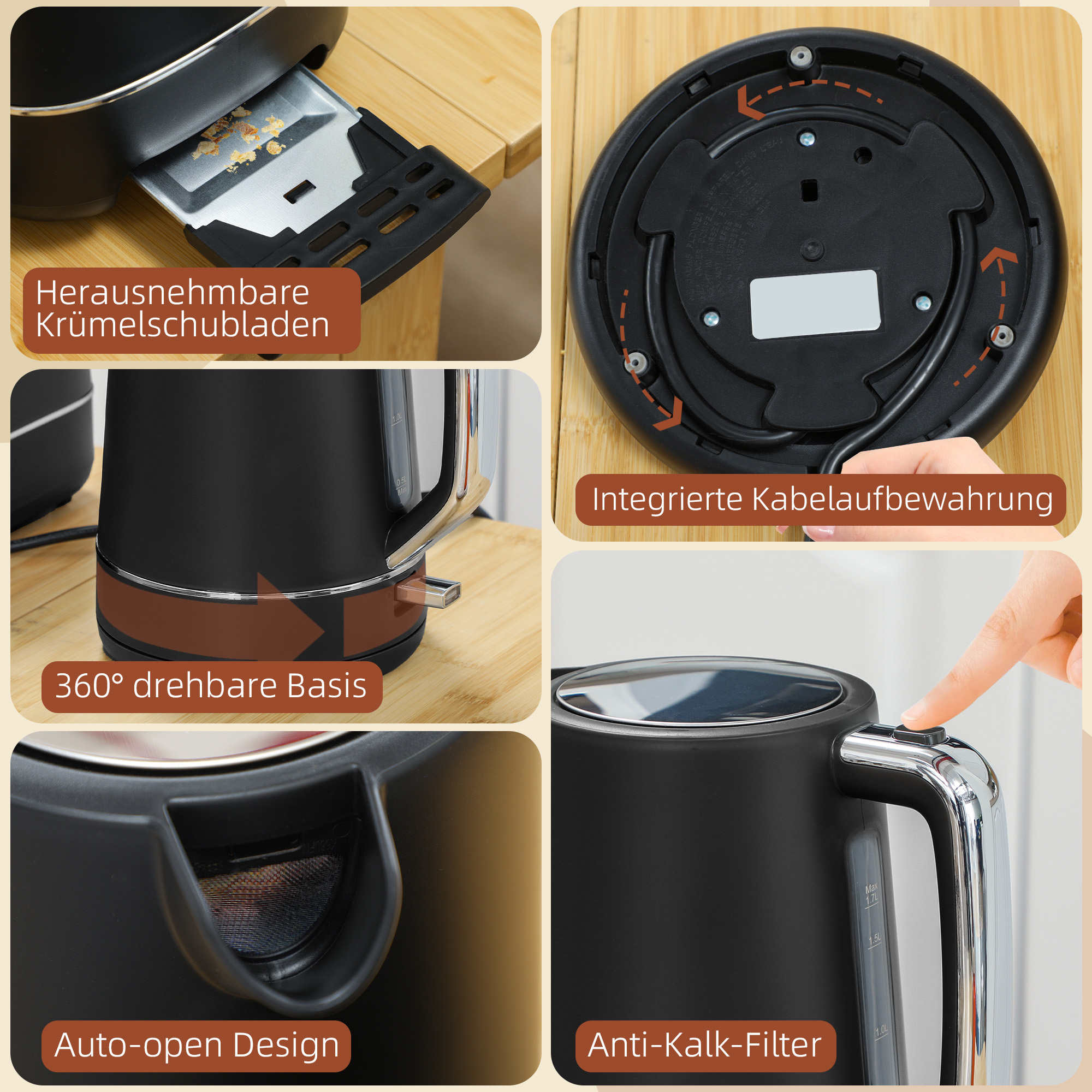 Set aus 1,7 L Wasserkocher und Toaster mit 6 Bräunungsstufen, Schwarz/Stahl