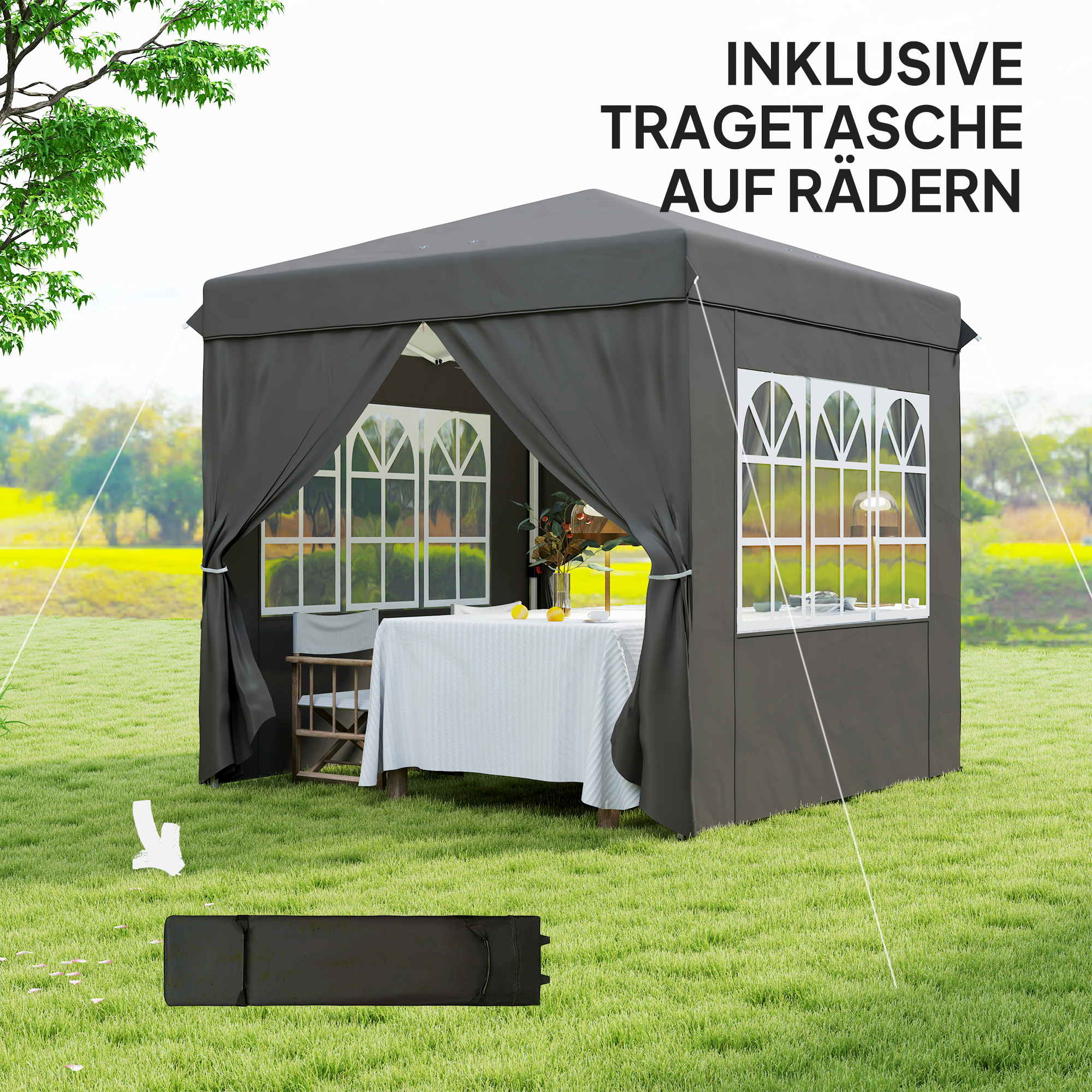 2,5 x 2,5 m Pop-up-Pavillon mit Seitenwänden und Transporttasche, UPF50+ höhenverstellbares Gartenzelt, Dunkelgrau